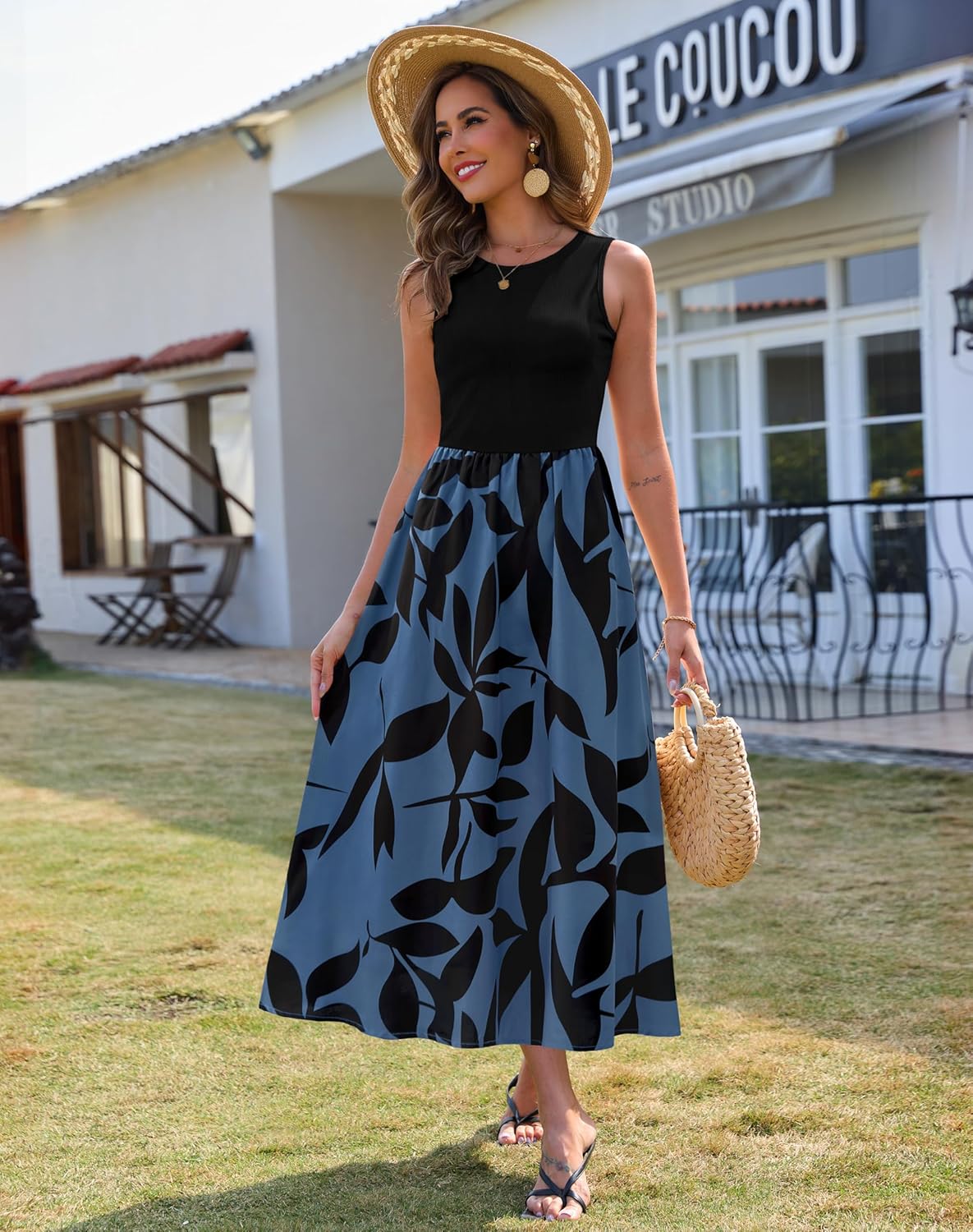 Zattcas Women's Summer Casual Sleeveless Patchwork Knit Crew Neck Tank Top Flowy Long Maxi Dresses with Pockets - Image 2