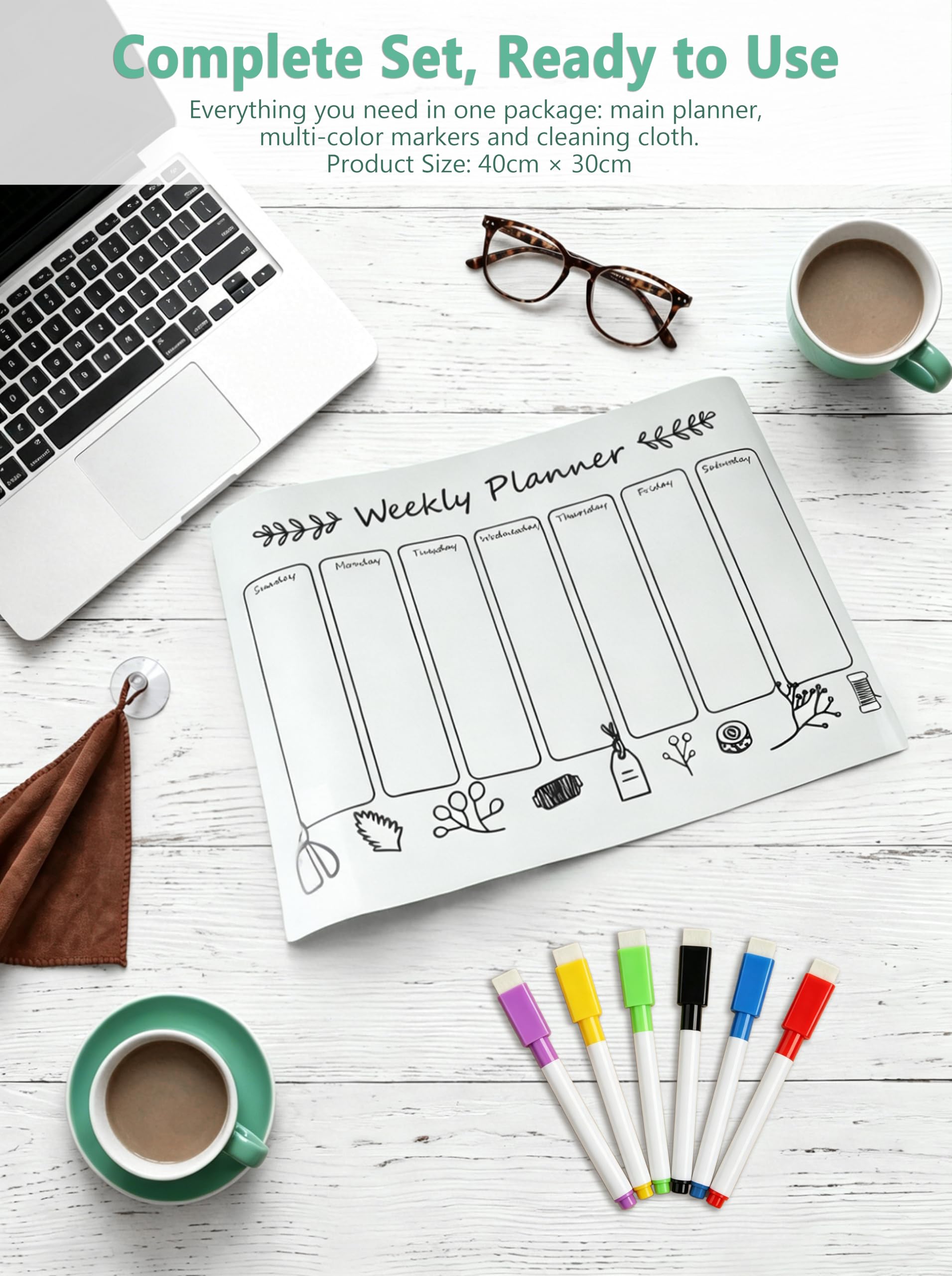 Tableau blanc magnétique effaçable avec 6 marqueurs et calendrier pour réfrigérateur, planificateur familial