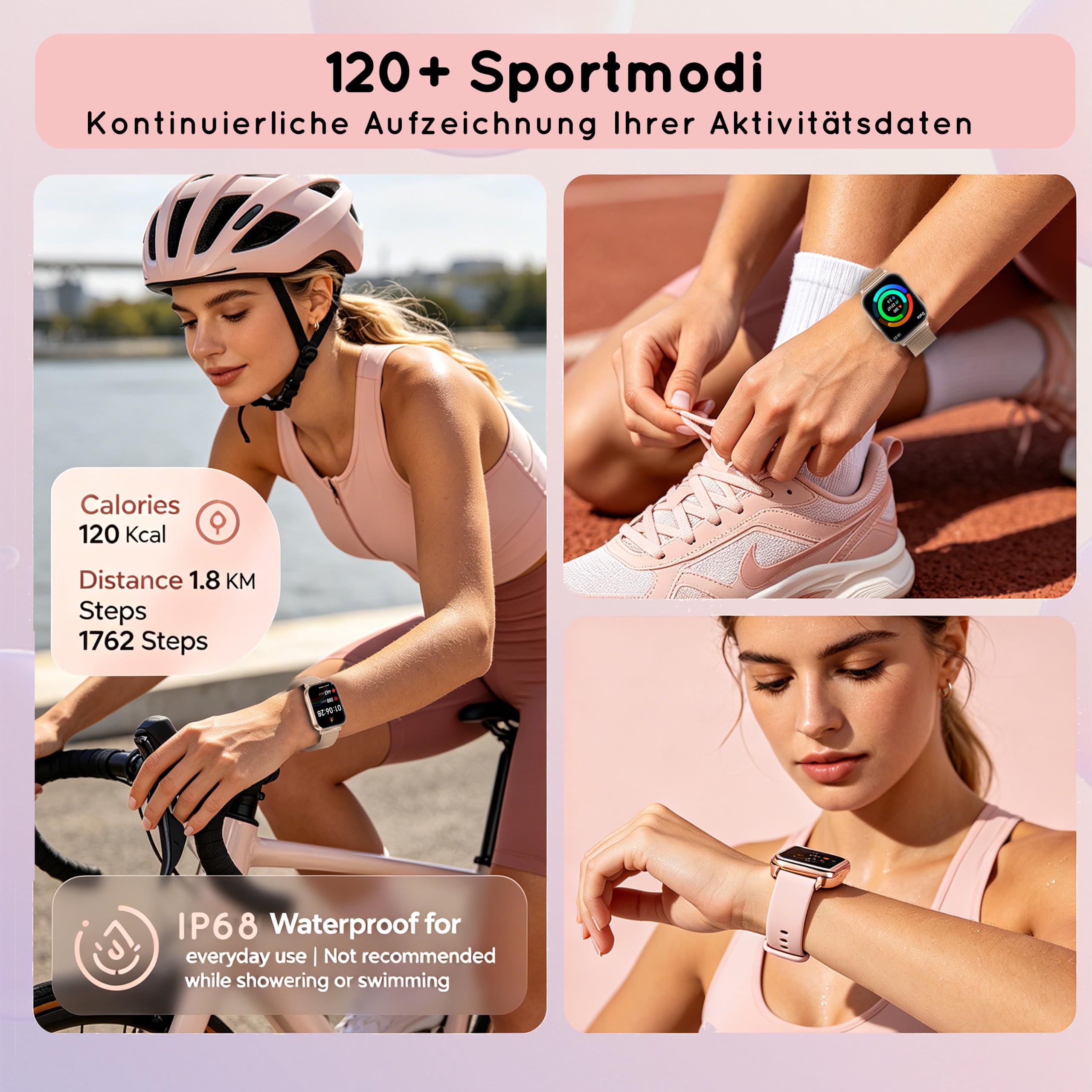 Smartwatch Damen mit Telefonfunktion 1,85" 30+ Tage Autarkiezeit Fitnessuhr Herzfrequenz SpO2 Schlaf Monitor 120+ Sportmodi 1000mAh iOS Android Roségold