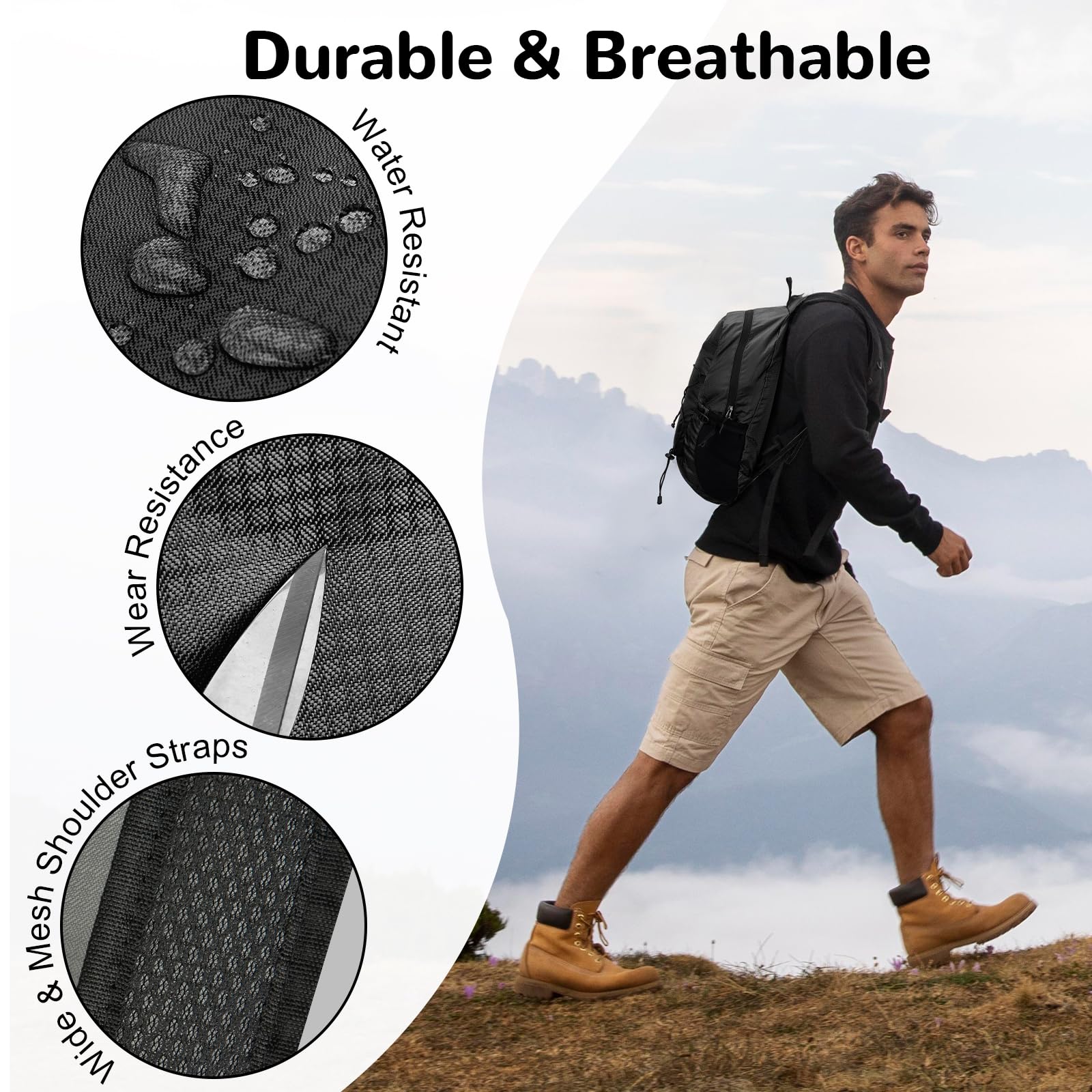 Mochila Plegable 15L Outplra, Mochila Senderismo Respirable Ultraligera para Mujer Hombre, Negro