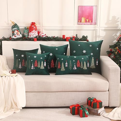 Miniatura 8 de Tosleo Juego de 2 fundas de almohada bordadas de Navidad de 16 x 16 pulgadas, fundas de almohada de terciopelo verde bosque, fundas de almohada