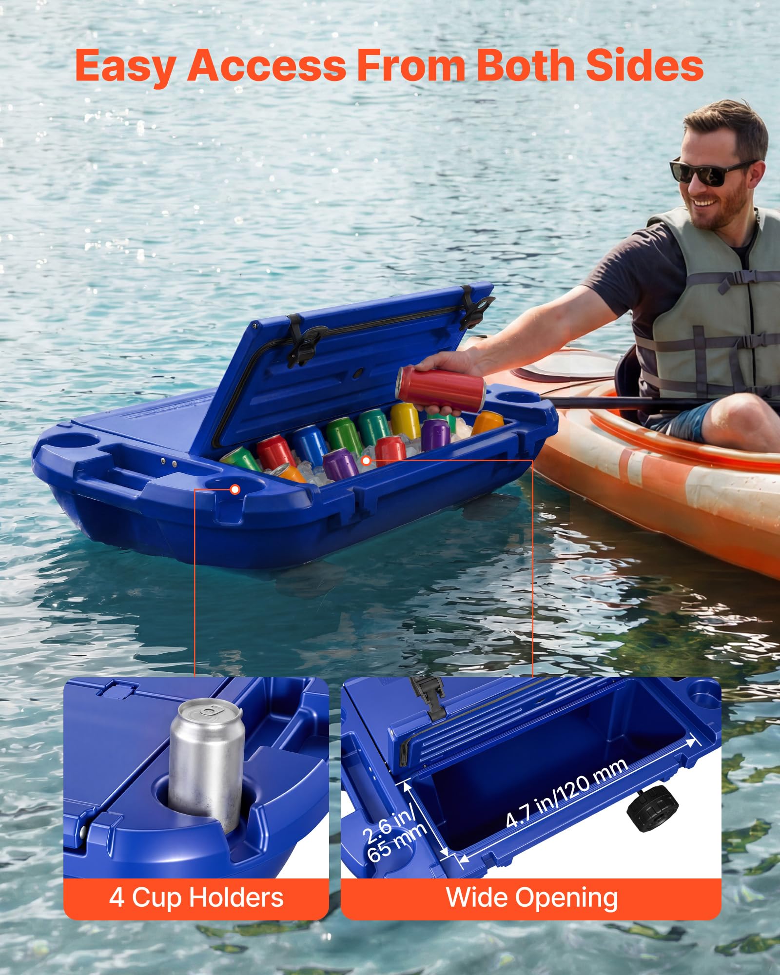VEVOR Nevera Flotante 37,9 L Enfriador Flotante para Agua y Tierra con Carcasa Rígida Aislada, Ruedas, Cuerda de Remolque, Asas Laterales, Portavasos para Playa Bebida Barco Piscina, Color Azul Oscuro