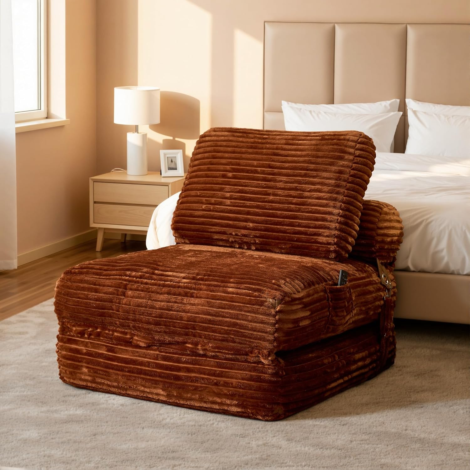75''Foldable Sofa Bed,Beige Convertible Folding Sleeper Chair Bed,Foldable Single Sofa Foam Filling Couch with Pillow, Comfy Corduroy Lazy Floor Sofa for Small Room Living Room Bedroom Apartment