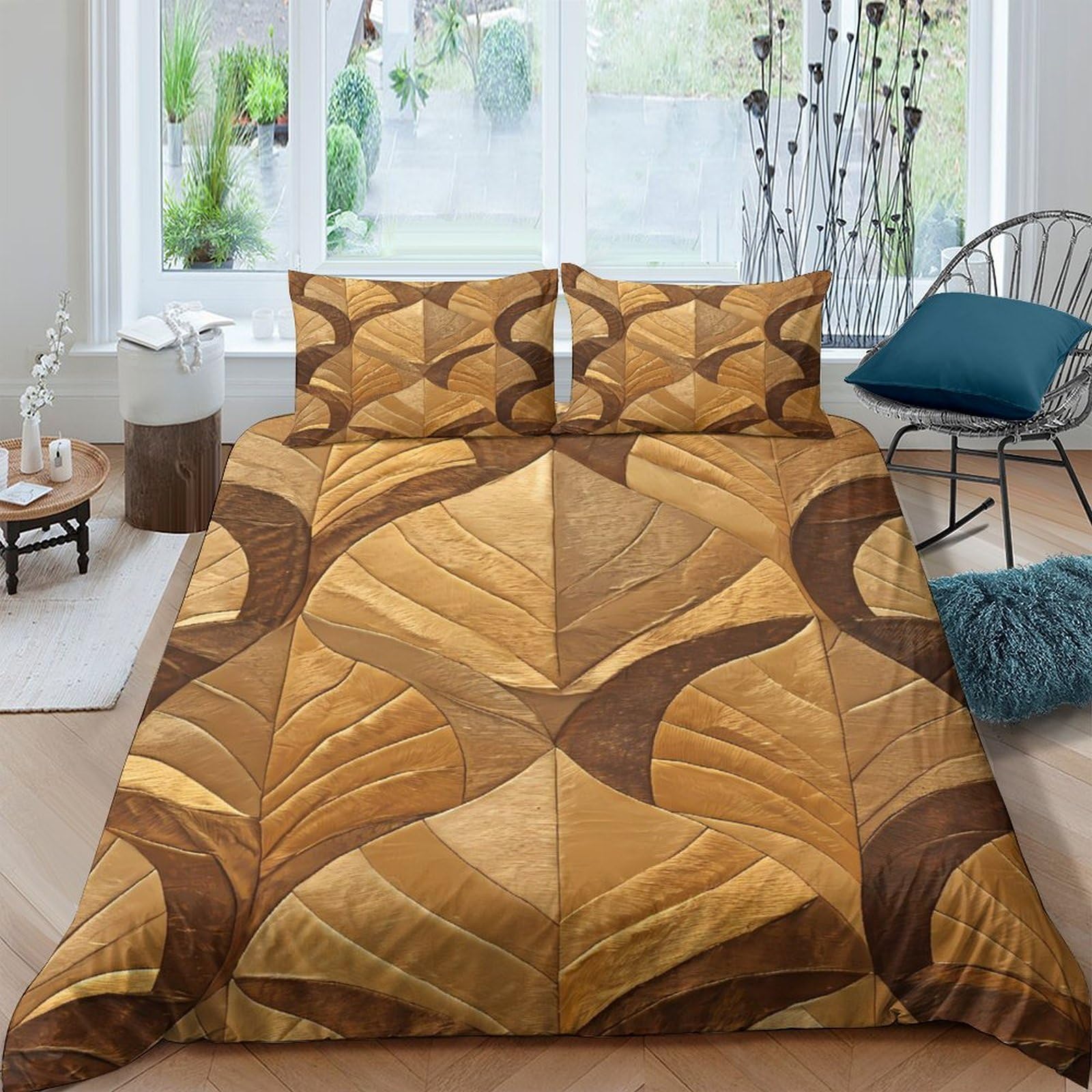 Ctjqhvkz Style-3 3D Printed Geometric Leaf Fitted Sheet Microfiber Soft Brown Abstract Mattress Cover For Bedroom Guest Room Decor Single（135X200cm）