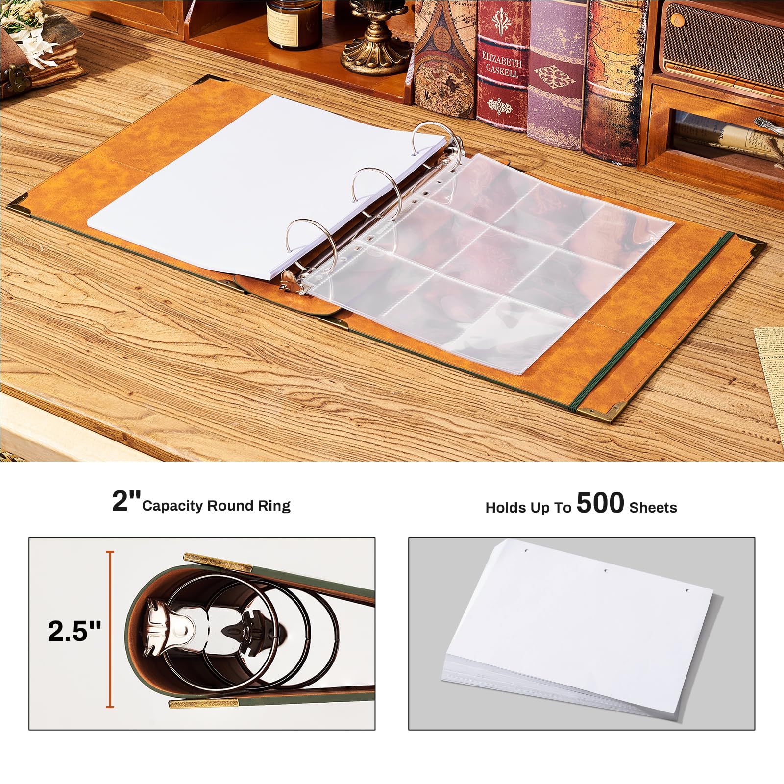 Ovesmusl Raccoglitore a 3 anelli in pelle ecologica in poliuretano, adatto per carta formato lettera da 21,6 x 27,9 cm, 5 cm, può contenere 500 fogli, copertina per fogli sfusi per la scuola, verde