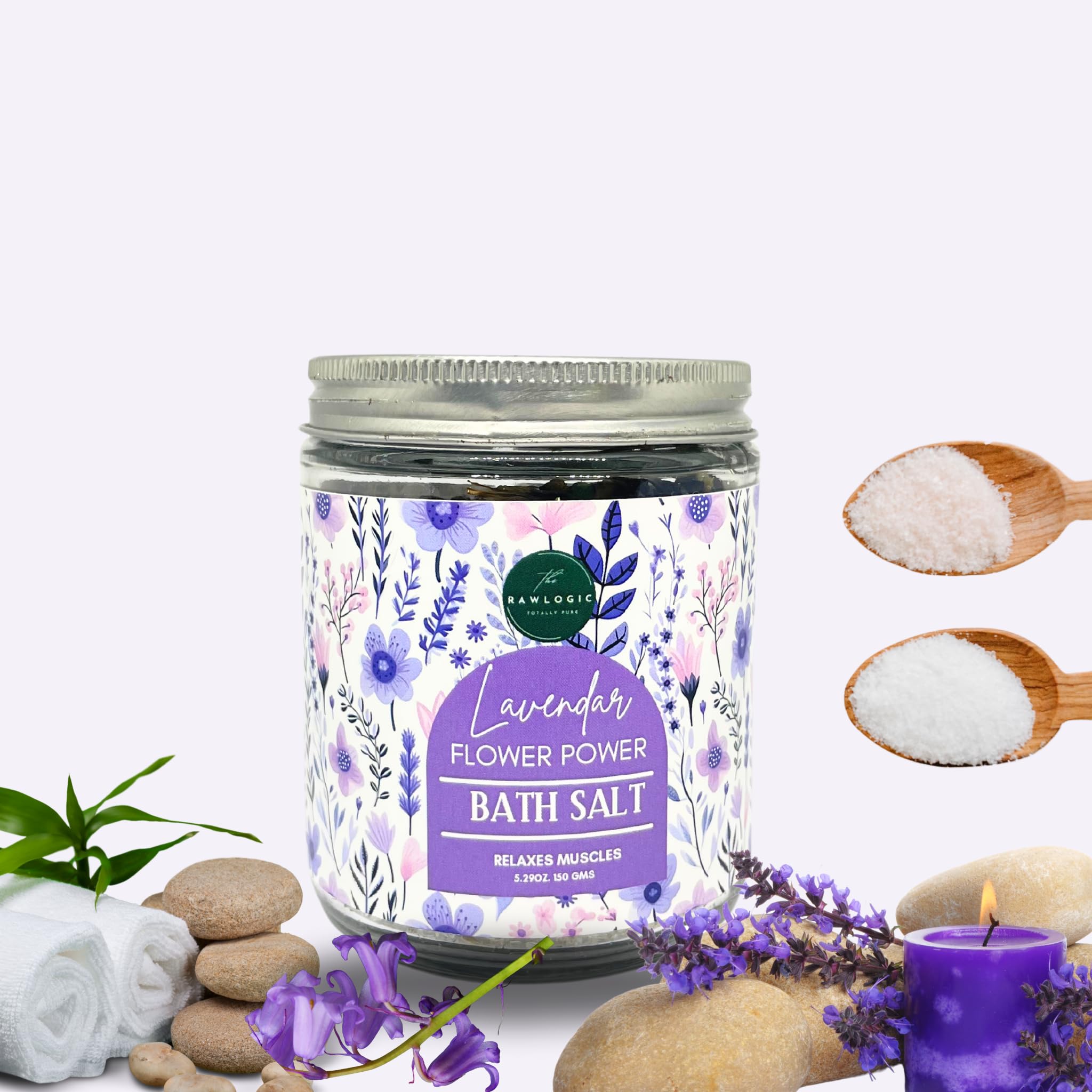The RawLogic Lavender Bath Salt with Epsom Salt & Blue Pea Flowers | Relaxing Aromatherapy Soak with Lavendar Essential Oils | Foot, Body, Muscle Aches, Pain Relief | Relaxing | Moisturised, Soft, Hydrated Skin Bath Salts for Women & Men | | Pure & Natural | 150 gms (Pack of 1)-image-10