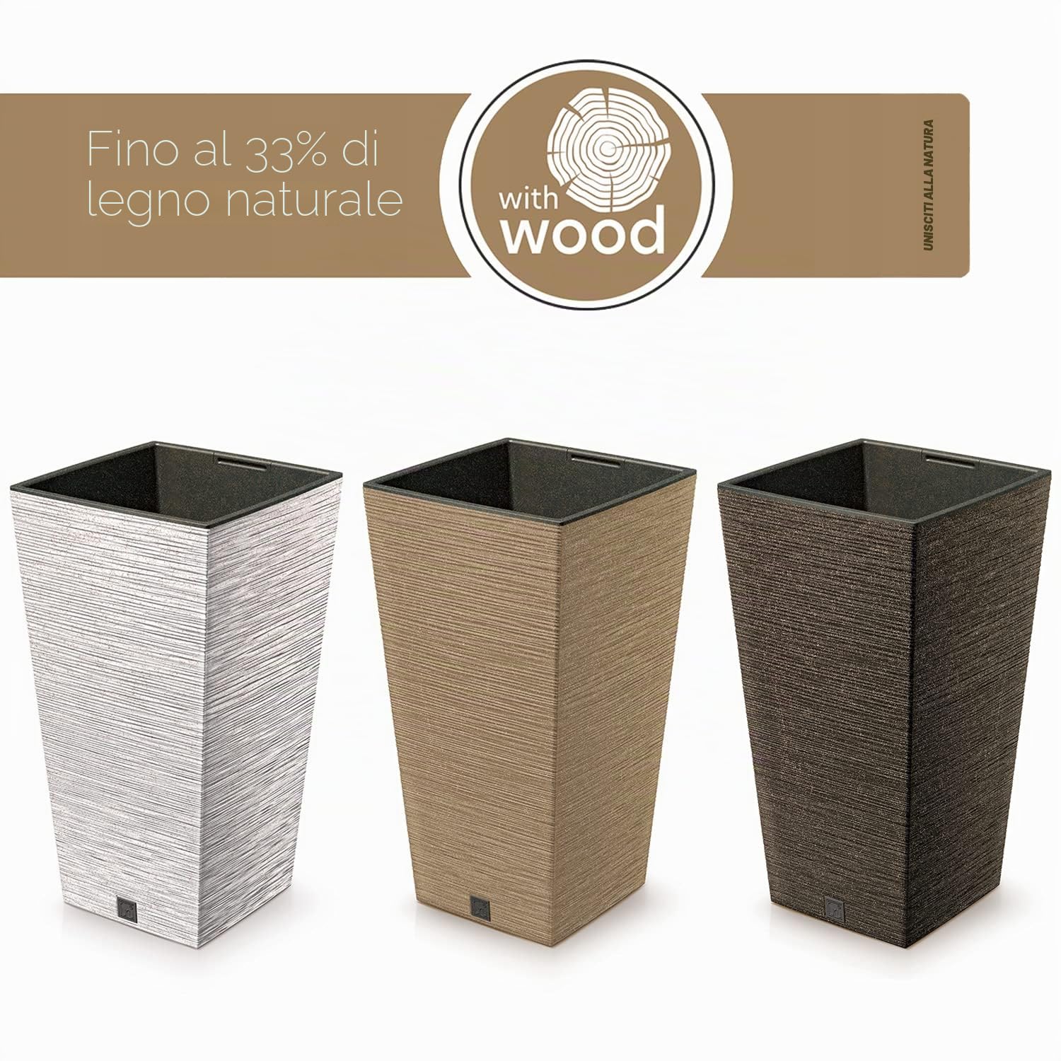 Vaso per Fiori piante Quadrato Furu Square ECO WOOD Decorativo in Plastica e Legno 33% cm da Interno Esterno esterno 24x24x45 cm Quadrato Marrone Design Moderno 19 Litri