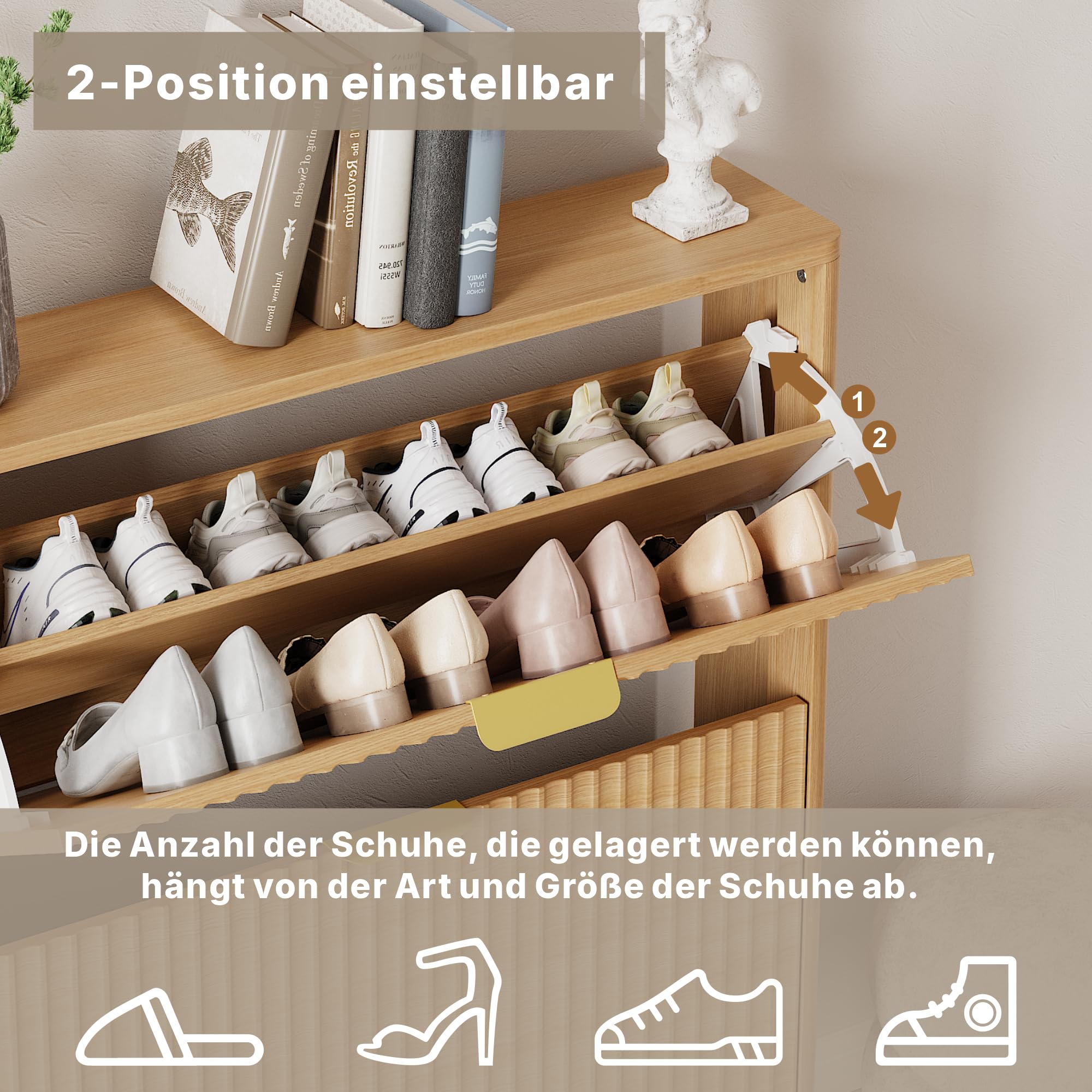Schuhschrank, Schuhkipper mit 2 Klappen, Schuhregal Schmal, versteckte Schuhaufbewahrung, Schuhschrank Holz für Eingangsbereich, Flur (Natürliche Farbe)