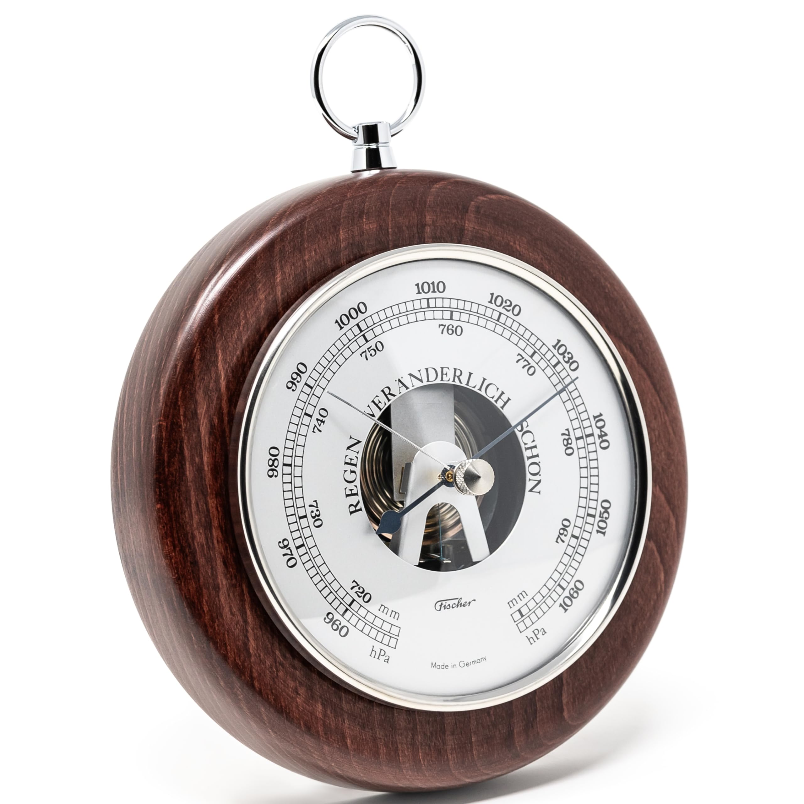 Fischer 1366RS-22 Barómetro - Medidor de presión de 140 mm con carcasa de madera teñida, color caoba - Fabricado en Alemania
