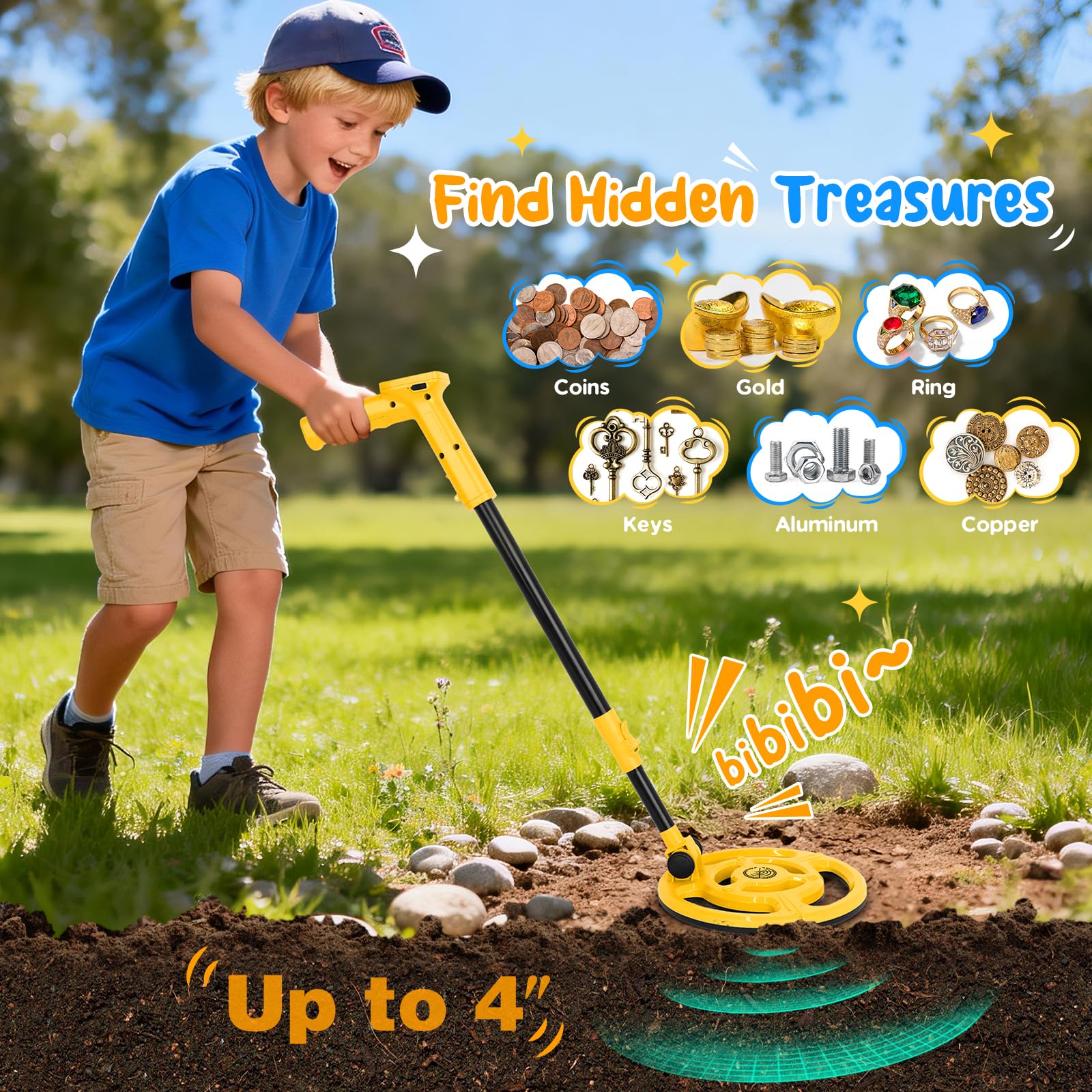 Détecteur de métaux pour enfants, rechargeable par USB, bobine de recherche étanche de 18,69 cm, poignée légère de 61 à 88,9 cm avec écran LCD pour exploration en plein air (jaune) | Détecteur de métaux pour enfants, poignée légère de 61 cm à 88,9 cm avec