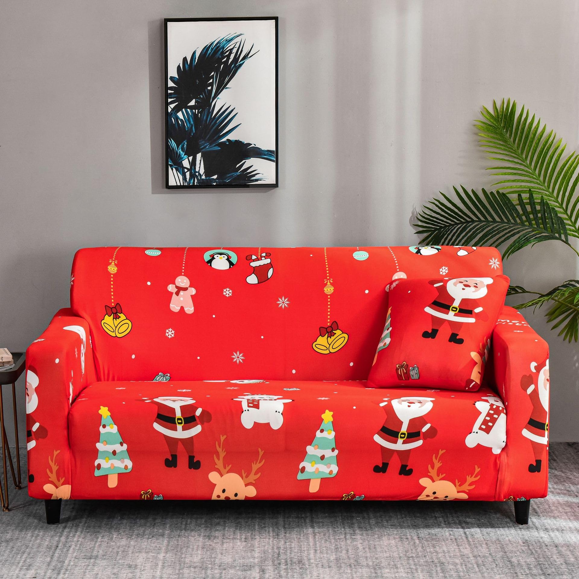 Hearda High Stretch Sofa Covers 1/2/3/4 Seater, Christmas Soft Elastic Non Slip Sofa Slipcover Washable Universal Couch Sofa Cover for Kids Pets Living (Bells,3-Seater)