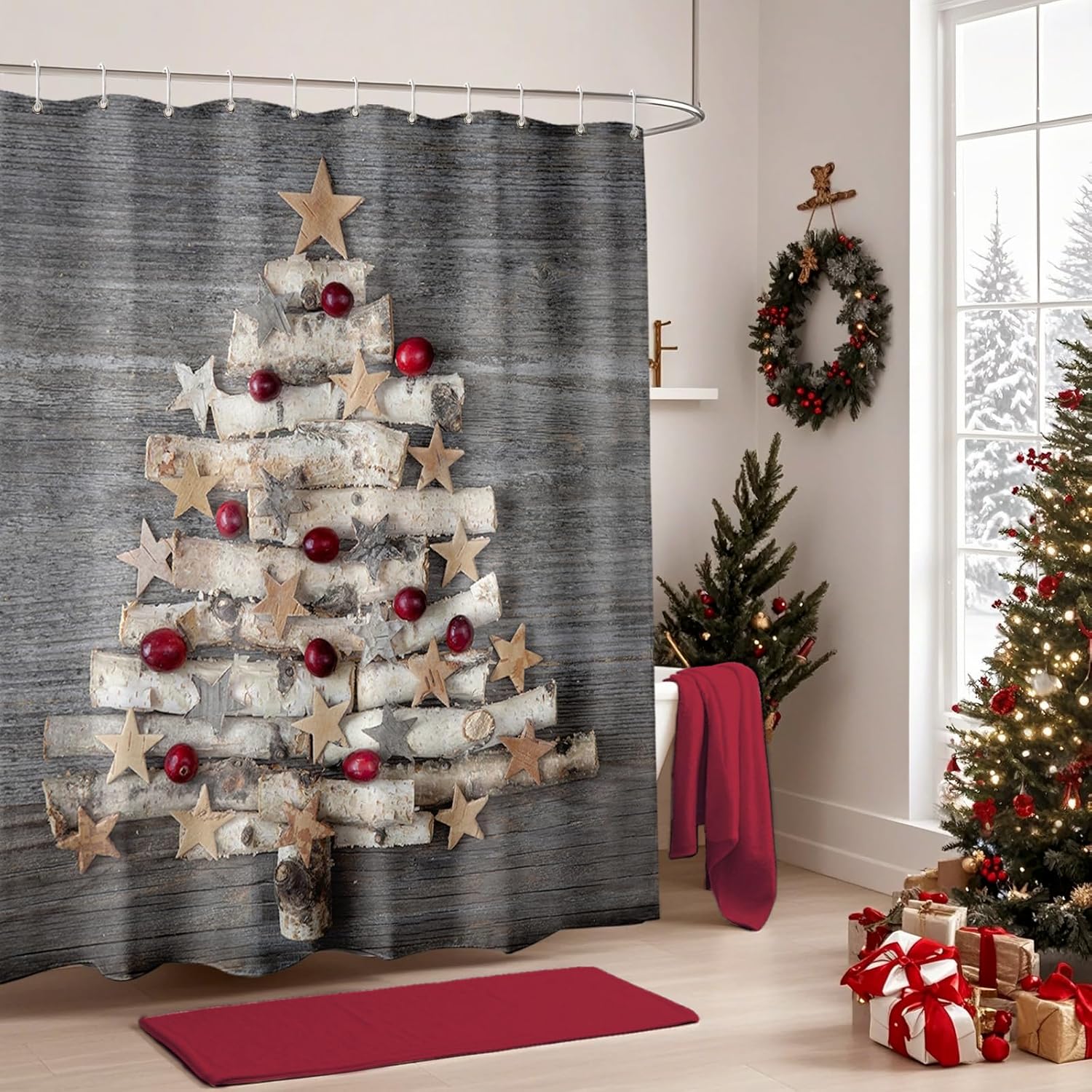 BROSHAN Farmhouse Christmas Shower Curtain Grey and Red, Rustic Fabric Christmas Shower Curtains for Bathroom, Winter Holiday Bathroom Decor Xmas Tree Shower Curtain Set with Hooks