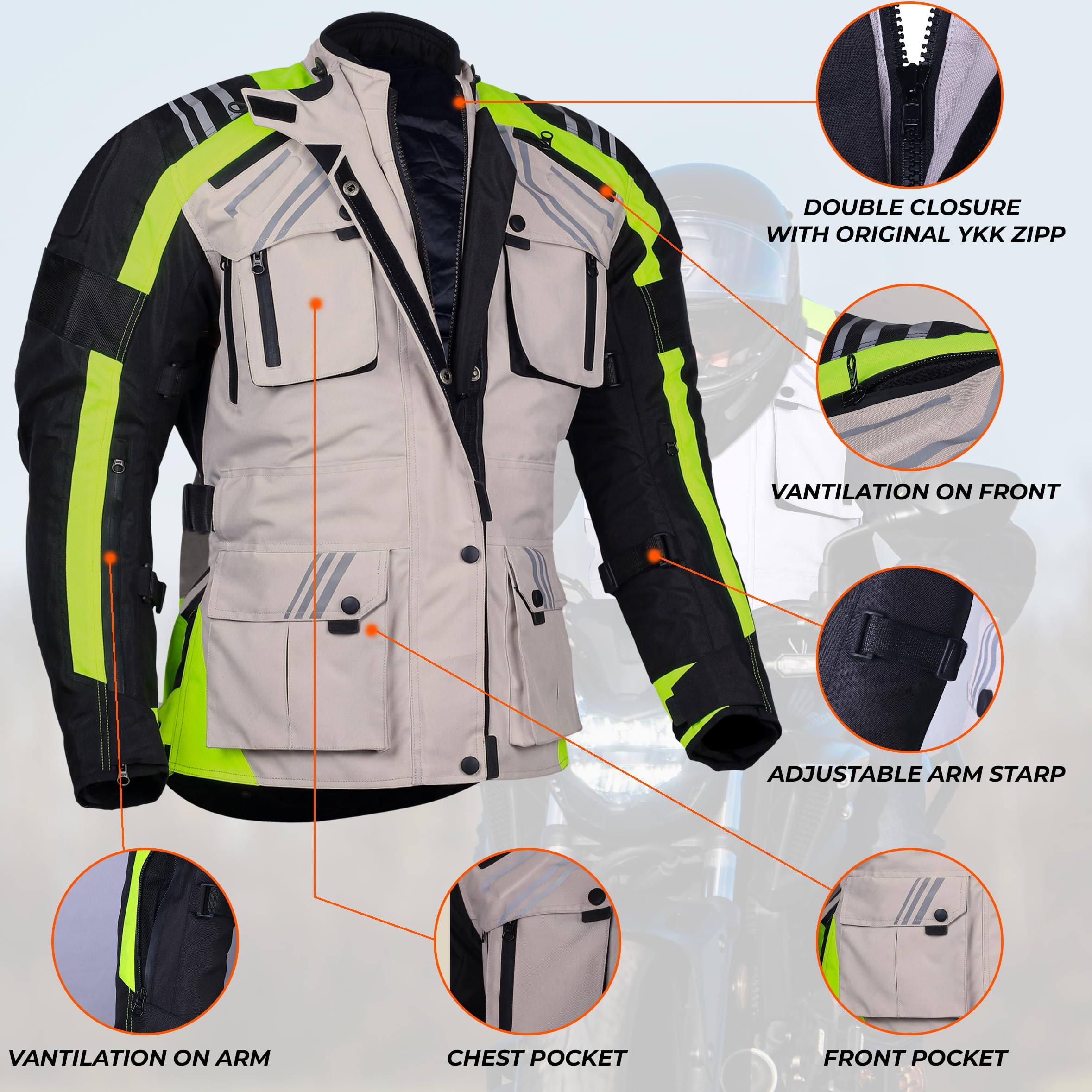 Bikers Gear Australia - Chaqueta de motocicleta para hombre, chaqueta impermeable de cordura con armadura CE reflectante de alta visibilidad (EN 1621-1)