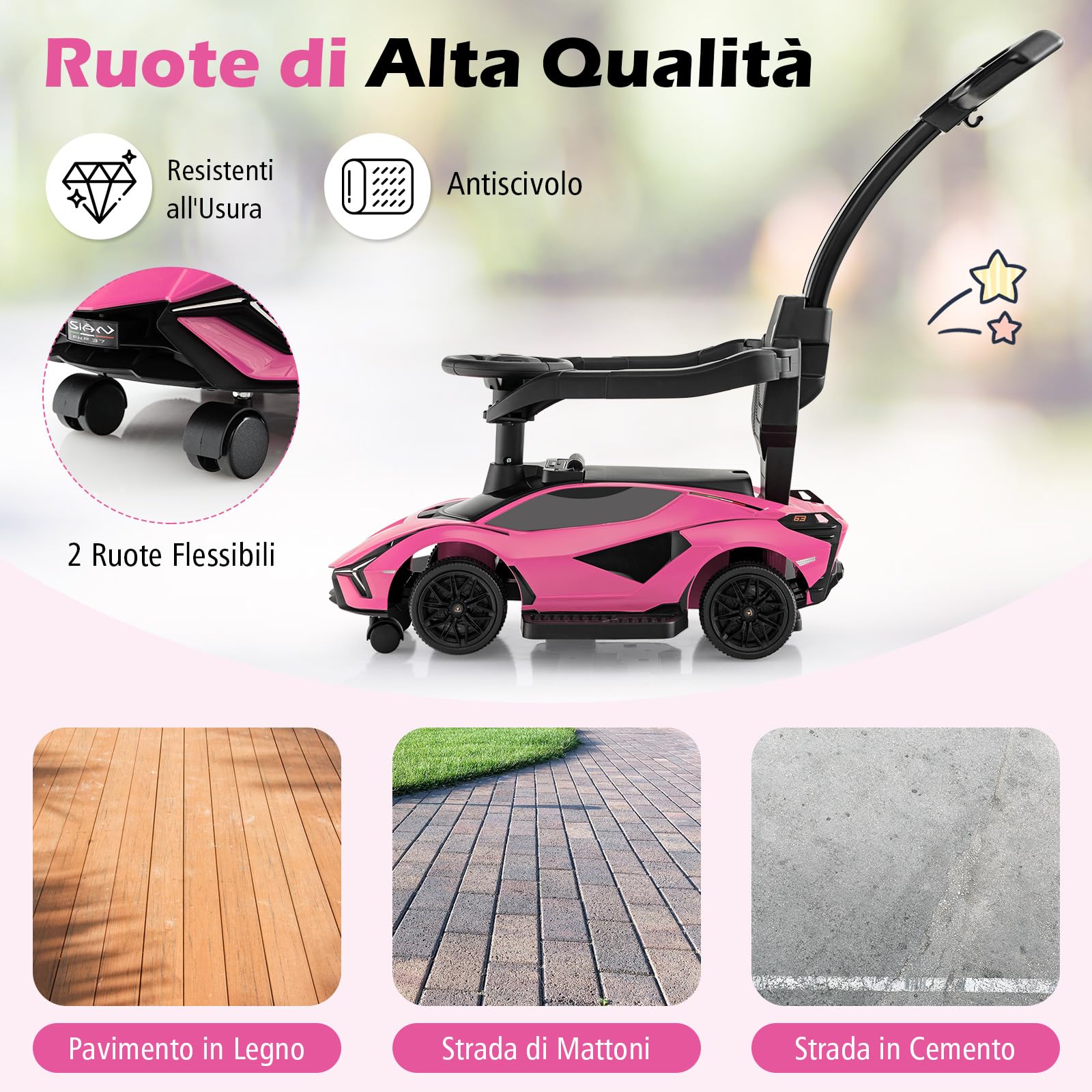 COSTWAY 3 in 1 Auto da Spinta, Auto Scorrevole con Paracolpi e Manubrio Rimovibili Musica e Fari, Spazio di Stoccaggio Nascosto e Ruote Universali Staccabili, Bambini 18-24 Mesi (Rosa)