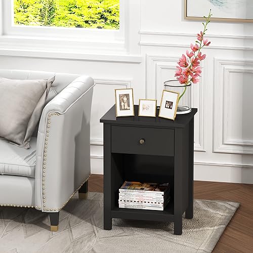 Miniatura 6 de ChooChoo Mesita de noche con estación de carga, mesita de noche de madera con cajón y espacio de almacenamiento para dormitorio, color negro