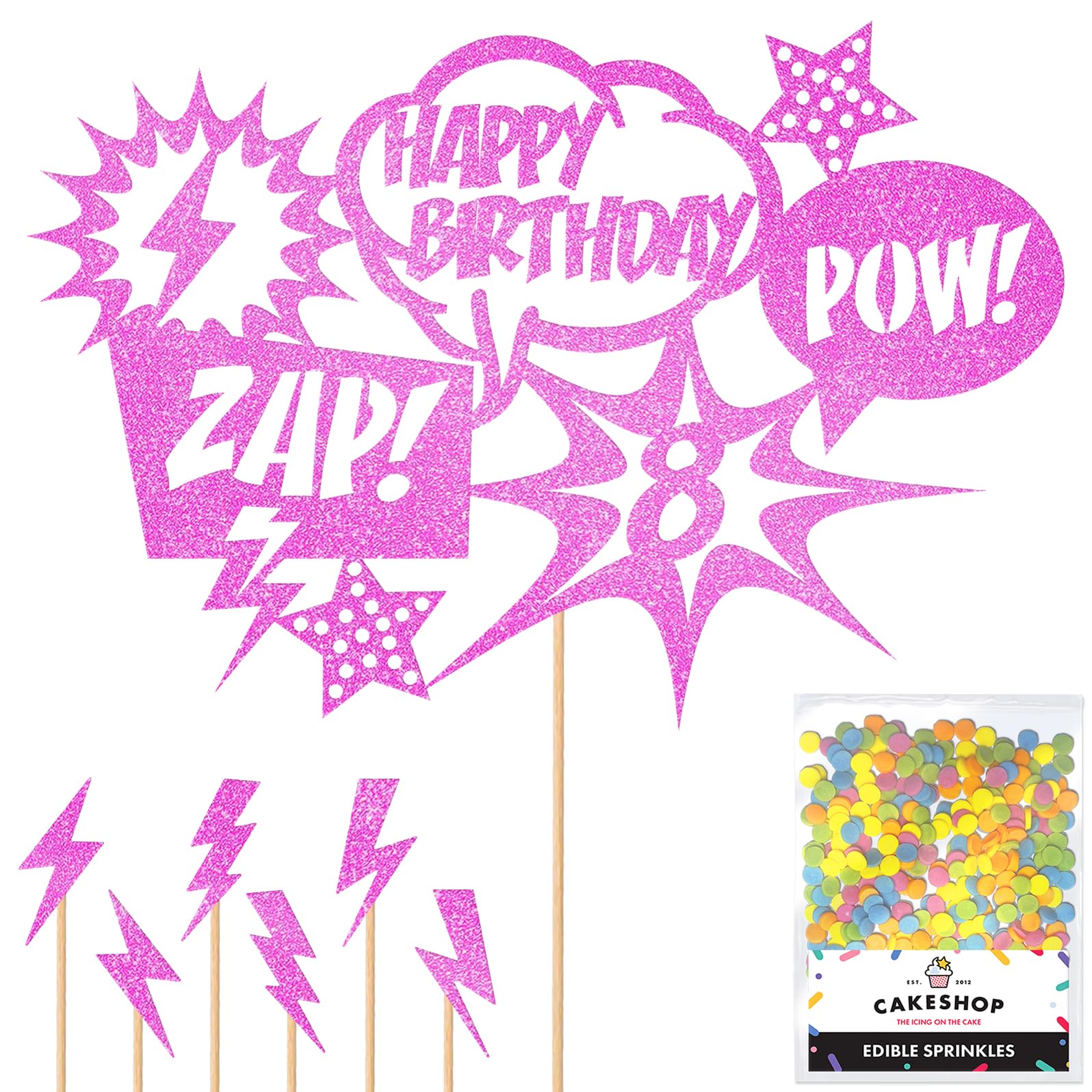 Personalised Superhero Comic Pow! Zap! Glitter Cake Topper- Light Pink Any Custom Age Glitter Cake Decoration and Sprinkles - Happy Birthday Decorations - Personalised Toppers for Cakes by Cakeshop — image 1