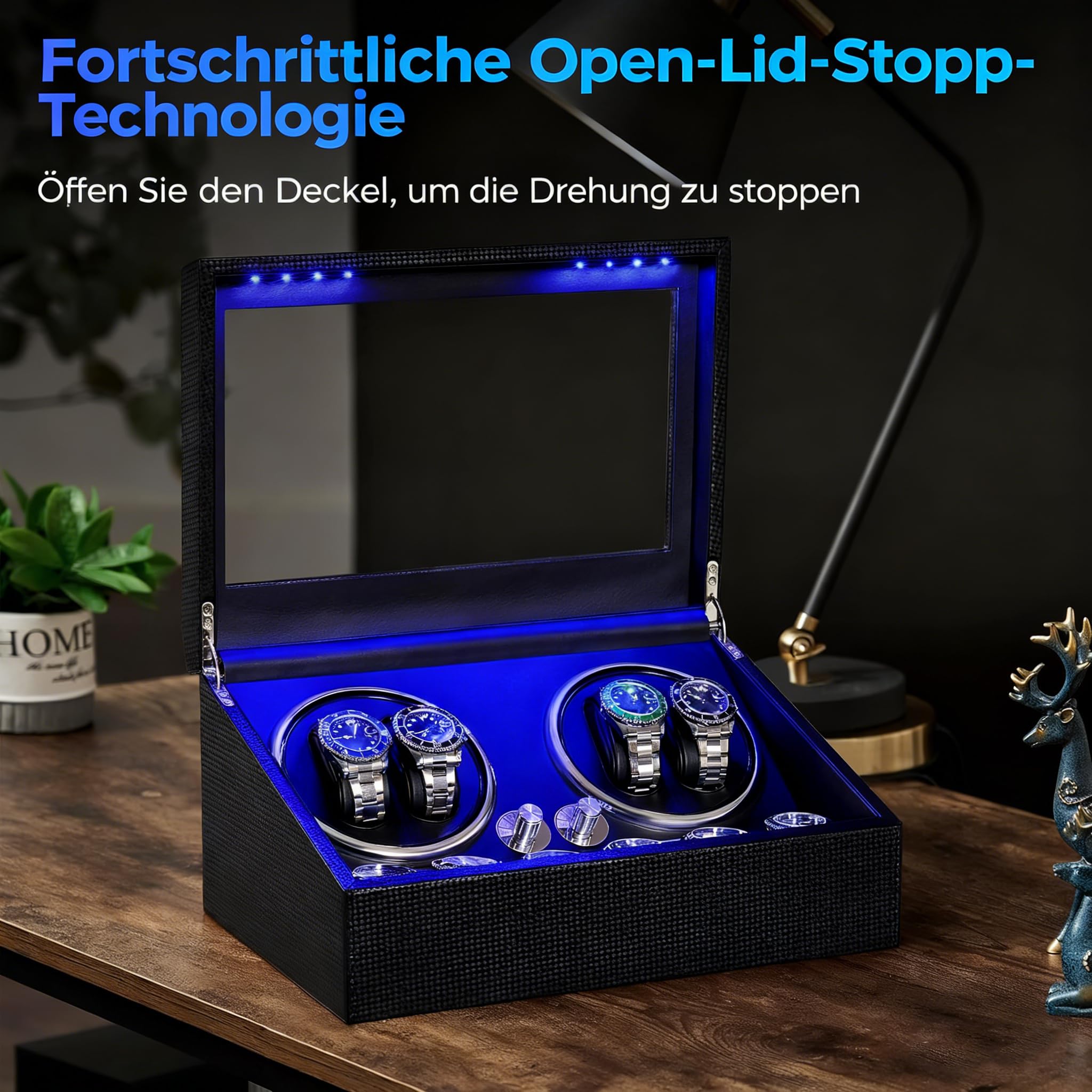 ANWBROAD Uhrenbeweger 4 Uhren+6 extra Speicherplätze Uhrendreher Automatikuhren 4 Drehmodis mit Super Leisem Mabuchi Automatik Uhrenbeweger Watch Winder Uhrendreher Karbonfaser USB-Aufladung JWW002F