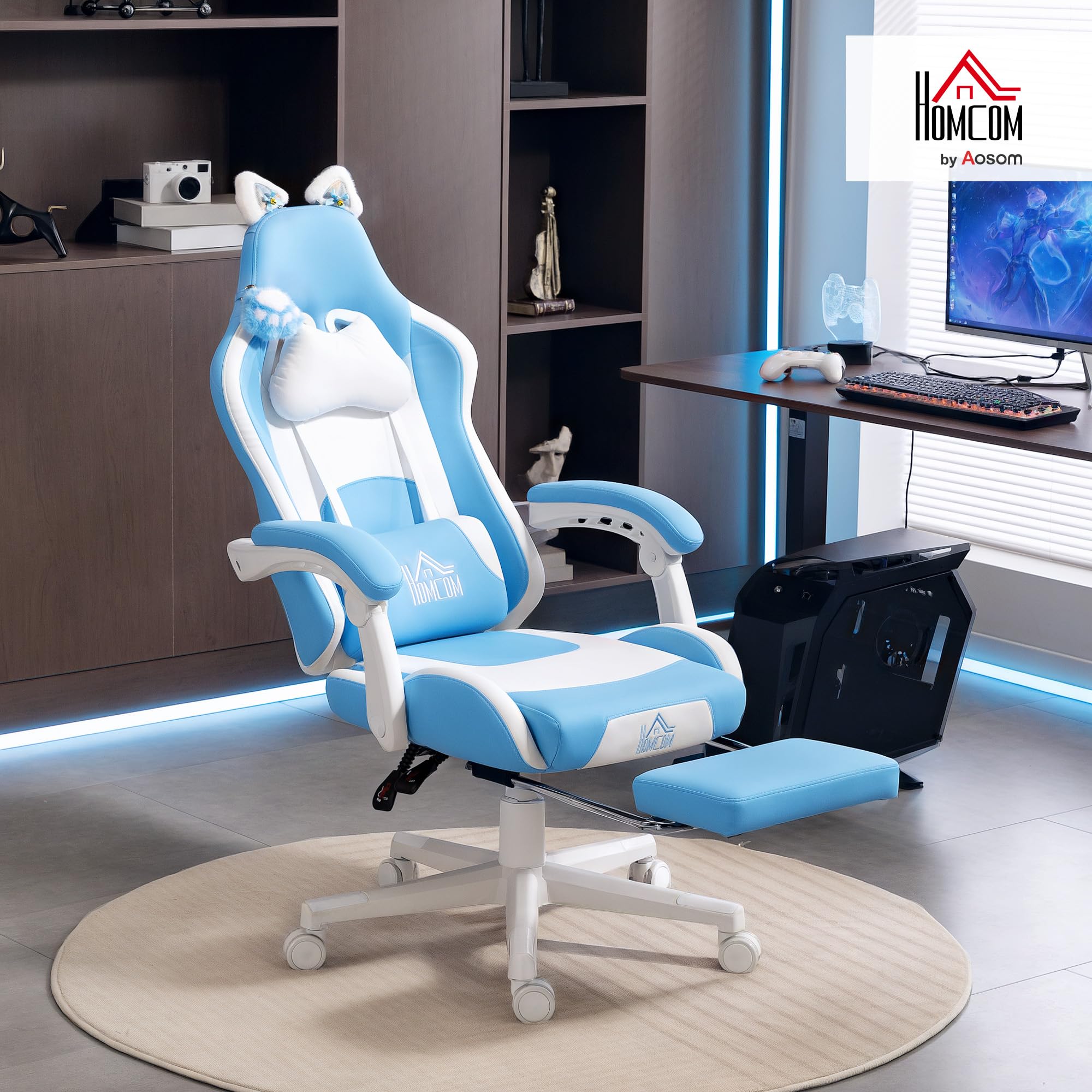HOMCOM Fotel gamingowy, ergonomiczny fotel dla graczy z podparciem okolic lędźwiowych, podnóżek, fotel gamingowy z kocimi uszami, poduszka pod głowę, regulowana wysokość, krzesło biurowe z funkcją