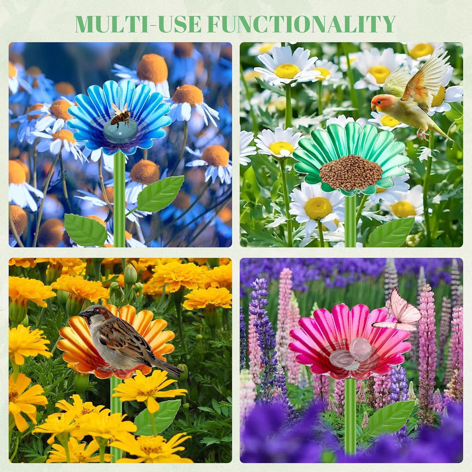 ZONSUSE Estación de Agua para Abejas Jardín, Bebedero para Abejas, Comedero para Mariposas y Baño de Insectos, Estacas de Flores de Metal, Estación de Riego Decoración Exterior Regalo (4 Unidades)