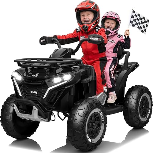 JOYRACER 24V Ride on Car, Kids ATV XL Four Wheeler w/EVA Tires, 19-Inch Leather 2 Seater, 800W Motors, Remote Control, Knee Pads, Flower, 24 Volt Ride on Toys Quad for Big Kids, Black