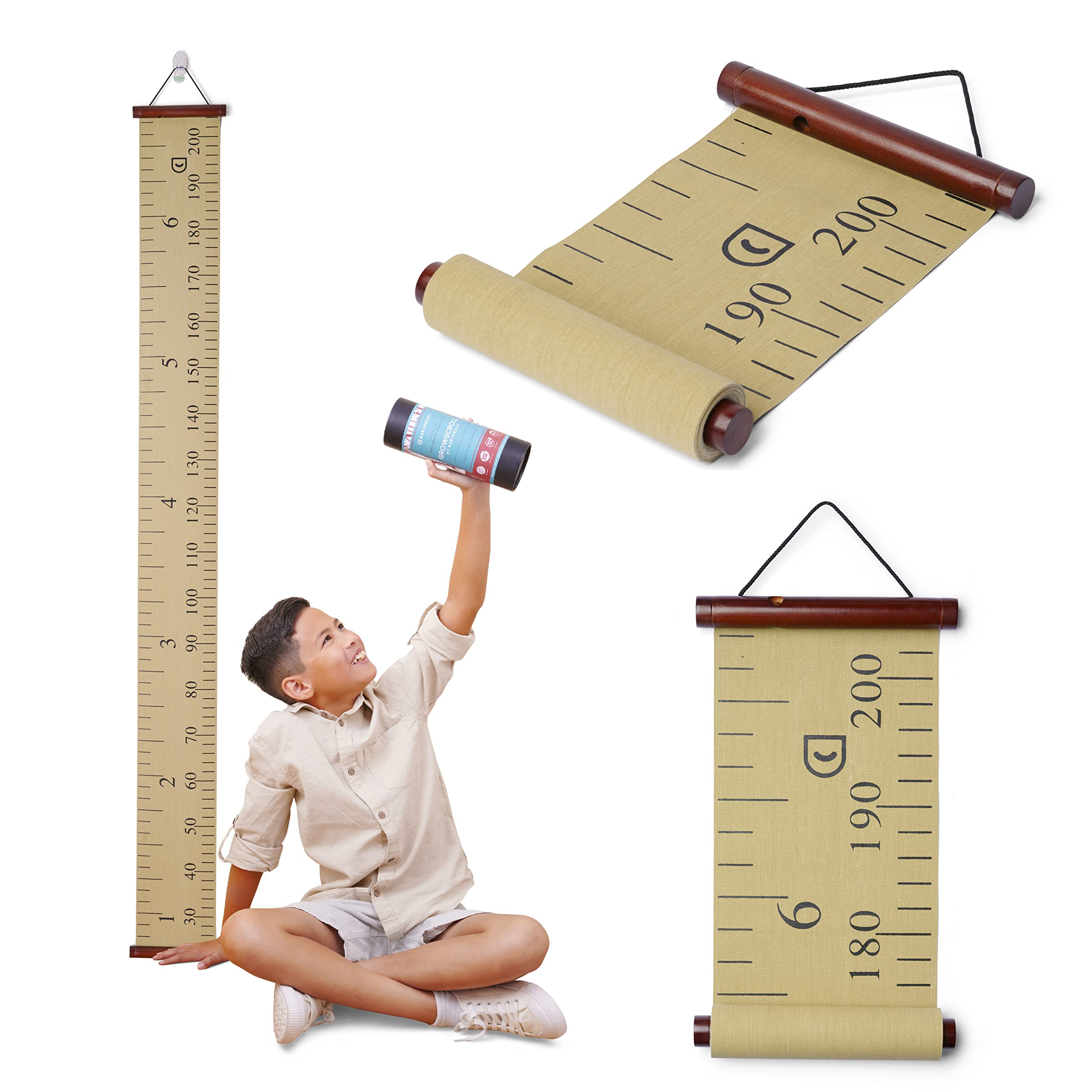 Growscroll Modern Kids Growth Chart for Wall - Unique Height Chart for Boys & Girls - Handcrafted Using Canvas & Hard Types of Wood - Makes A Great Collectible Or Family Heirloom - Khaki