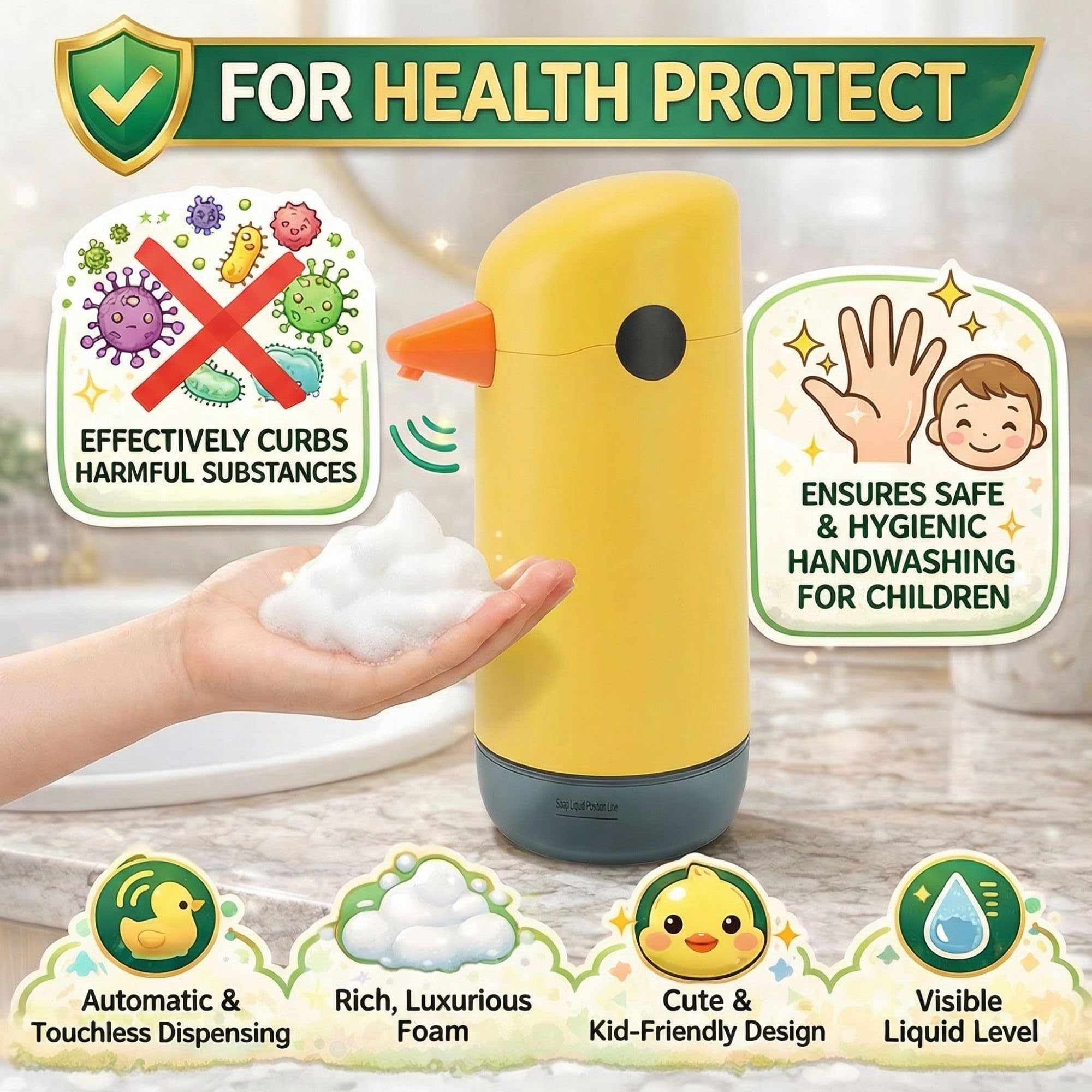 Sxhlseller Dispenser Automatico di Sapone Touchless per Bambini, Simpatico Dispenser di Sapone in Schiuma di Anatra Gialla con Sensore Intelligente, Uscita di Schiuma Regolabile e Livello del