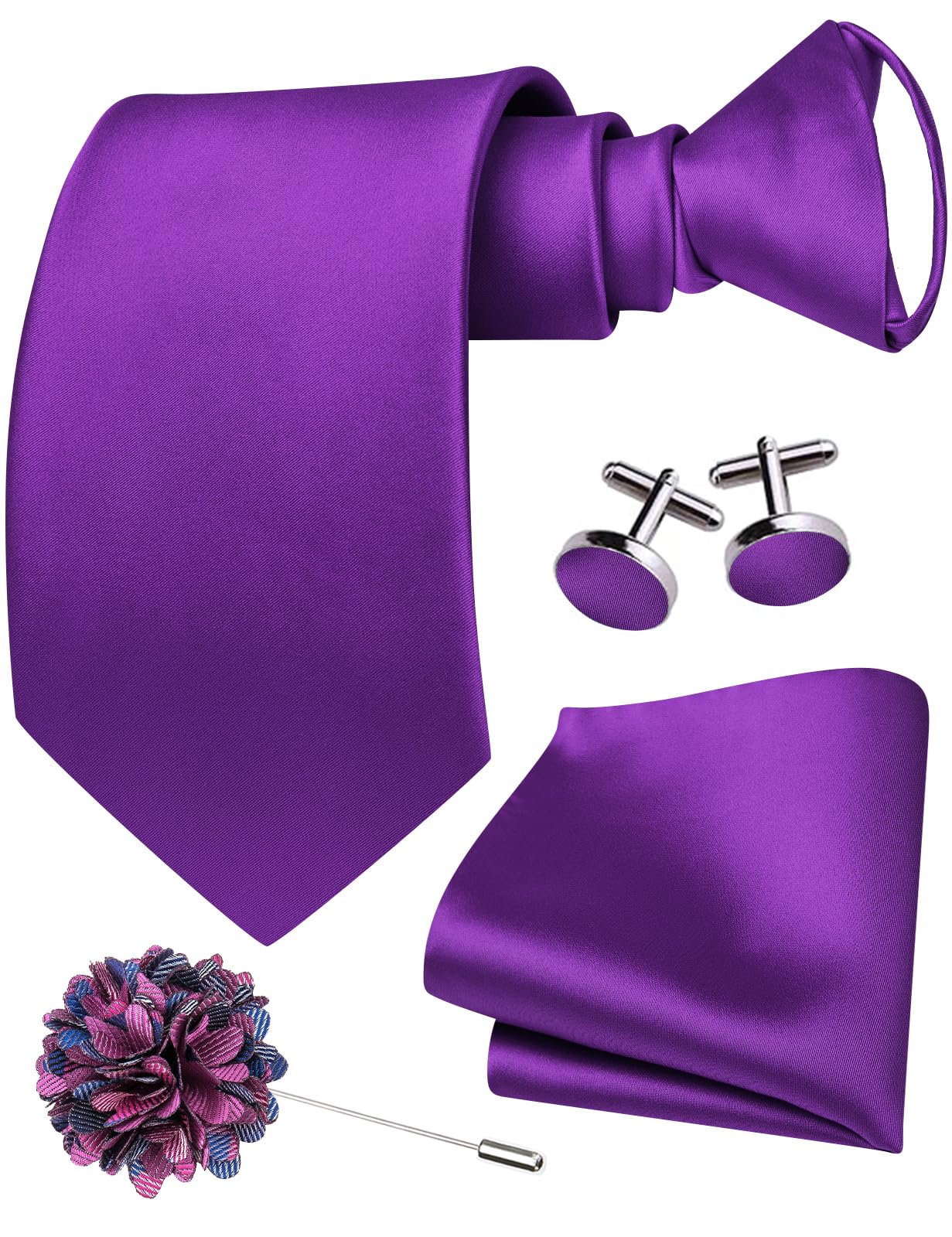 Hi-Tie Zipper Ties for Men Pre-tied Tie Set Lapel Pin Pocket Square and Cufflinks Formal Business Wedding Adjustable Necktie