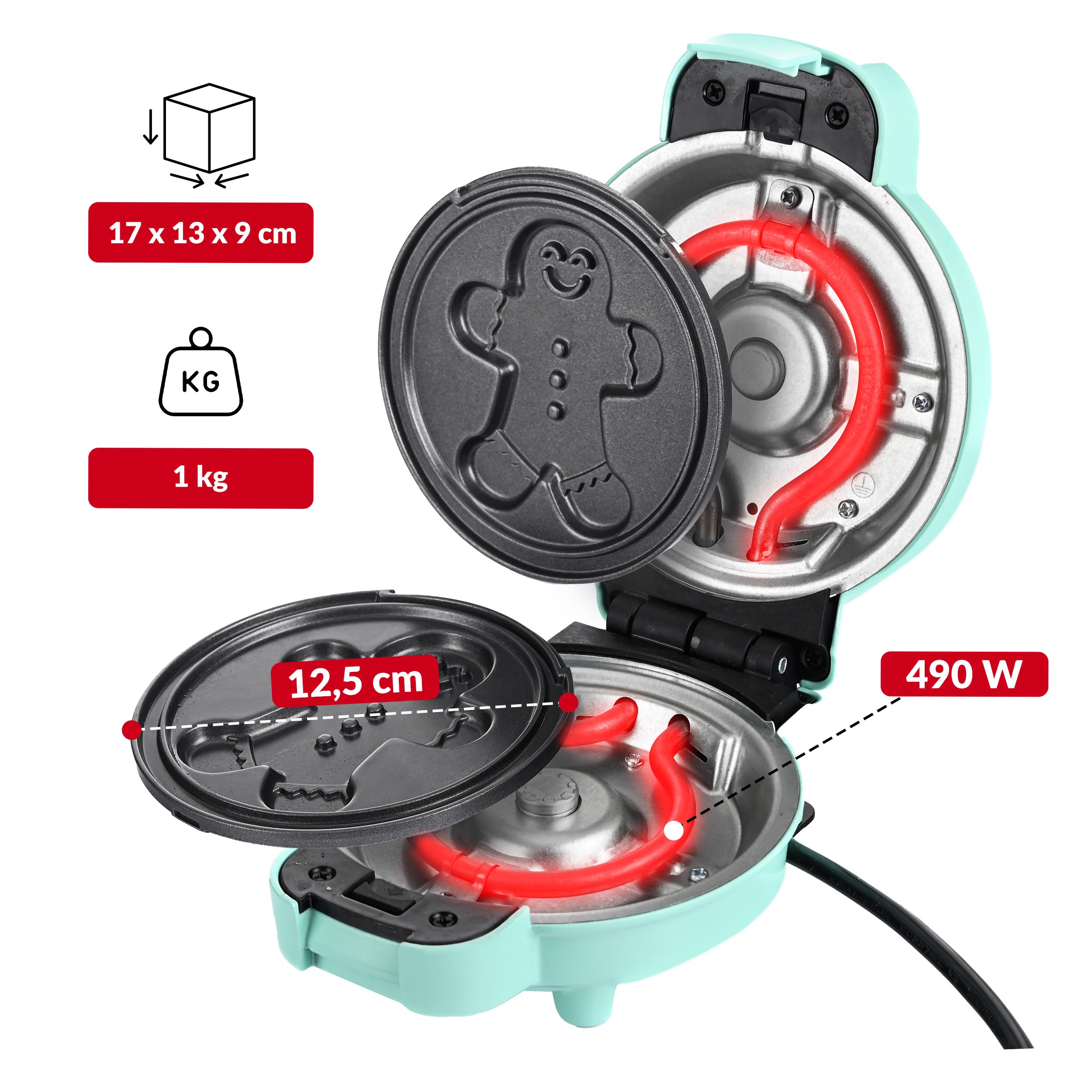 LEHMANN Mini Gofrera con Placas Intercambiables, Formas de gofre - Calabaza, Muñeco de Jengibre, Corazón y Clásica, Revestimiento Antiadherente, para fiestas infantiles, Verde Menta