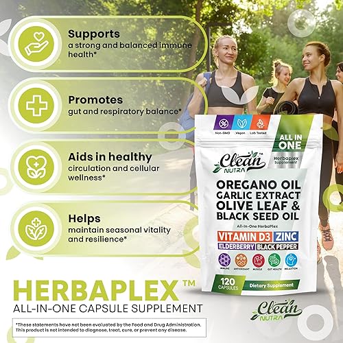 Miniatura 5 de Suplemento Clean Nutra HerbaPlex, aceite de orégano, extracto de ajo, hoja de olivo, aceite de semilla negra, vitamina D3, zinc, saúco, 120 cápsulas