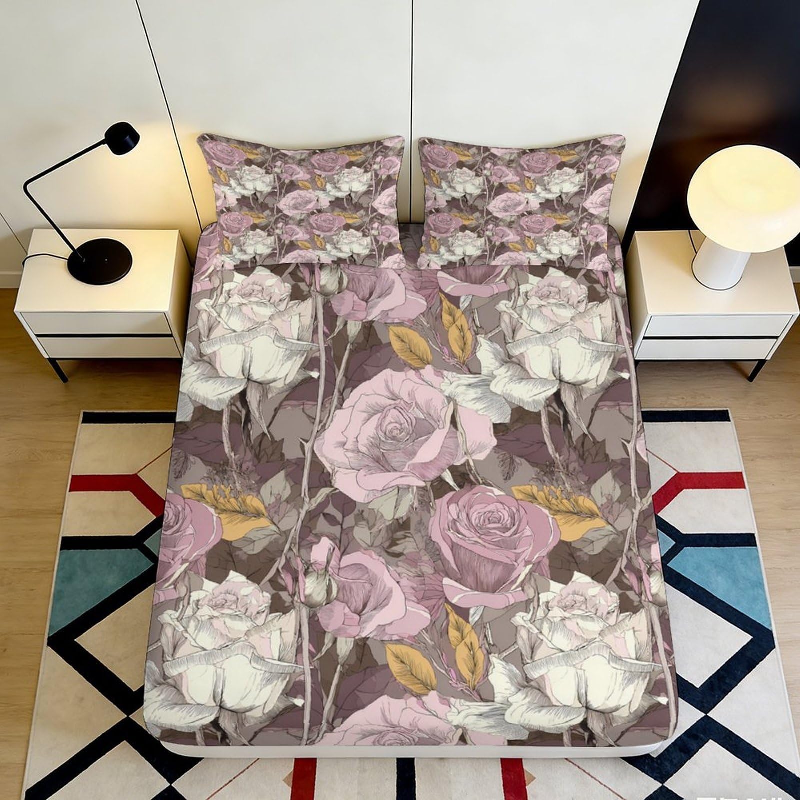 Pnayamiorkfel Style-3 3D Printed Vintage Rose Fitted Sheet Microfiber Soft Floral Bed Cover Breathable Dustproof For Bedroom Guestroom 90X200x25cm
