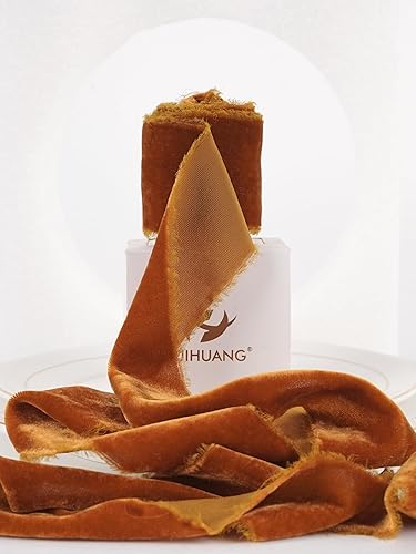 HUIHUANG Cinta de seda deshilachada hecha a mano naranja quemada para ramos de flores, envoltura de regalos, invitaciones, decoración de vacaciones,