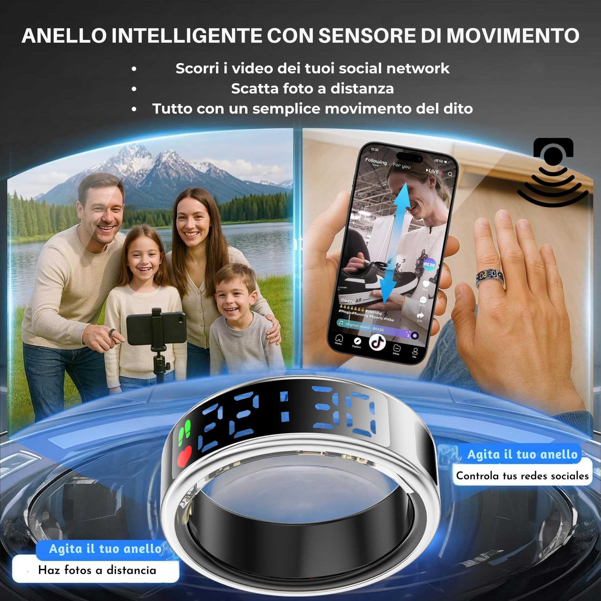 smartia – Anello intelligente con schermo touch, modello 2026 APP inclusa, Ring uomo e donna, anello attività fitness e controllo della salute, monitoraggio del sonno (Oro, 10)