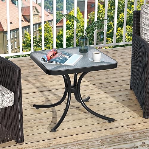 Miniatura 6 de Giantex Mesa auxiliar pequeña para exteriores, mesa cuadrada de patio con parte superior de vidrio templado, marco de metal resistente, capacidad de
