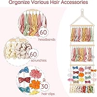 Vista 4 de Mkono Soporte para diadema de moño de pelo bohemio para niñas, colgador de lazo de macramé con 30 ganchos, soporte para lazo para cuarto del bebé