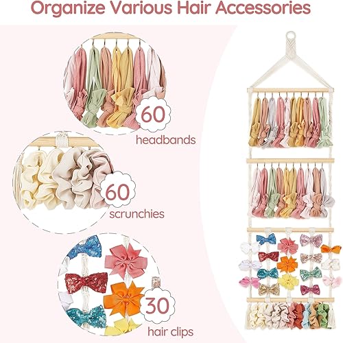 Miniatura 4 de Mkono Soporte para diadema de moño de pelo bohemio para niñas, colgador de lazo de macramé con 30 ganchos, soporte para lazo para cuarto del bebé,
