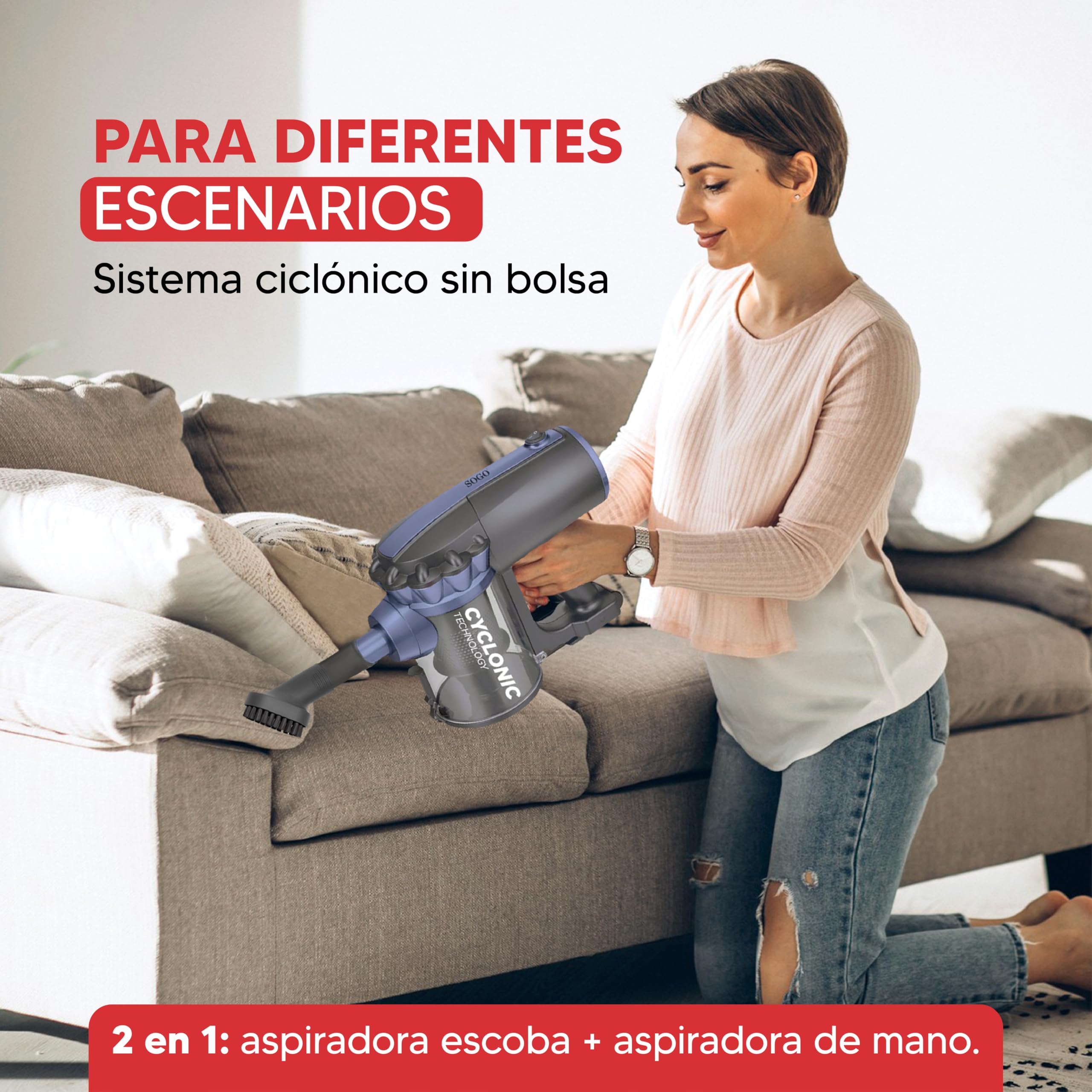SOGO Aspirador Vertical Cómodo y Manejable – Aspirador Ciclónico 2 en 1 – Aspiradora de Mano y Escoba Ligera para Uso Diario – Cable de 4,5 Metros y Potencia 600W - Aspiradora con Filtro HEPA