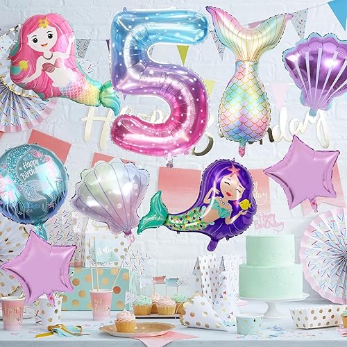 Miniatura 5 de Globos de sirena para decoración de cumpleaños de 5 cumpleaños para niñas, globos de decoración de fiesta de sirena de 5, globos de cumpleaños