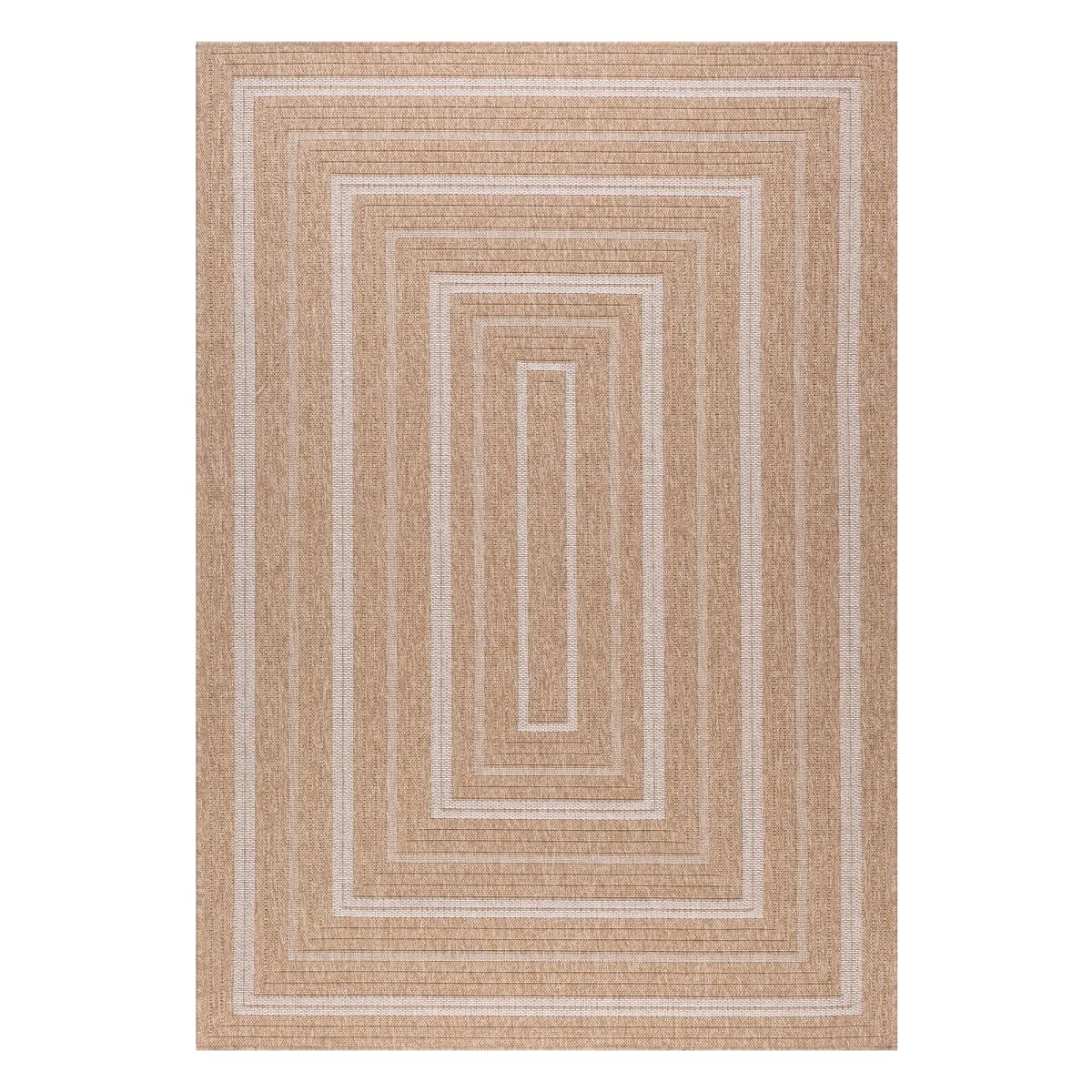 Tapis Exterieur 60 X 90 Cm, Rectangulaire Format Pratique, Motif Géométrique Graphique Lignes Concentriques, Beige, Blanc, Kilim Tissé Turquie, 7351