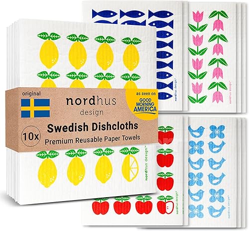 Nordhus Design Paños de cocina suecos para cocina, 10 trapos, fabricados en Suecia, paños de cocina de algodón de celulosa reutilizables y lavables