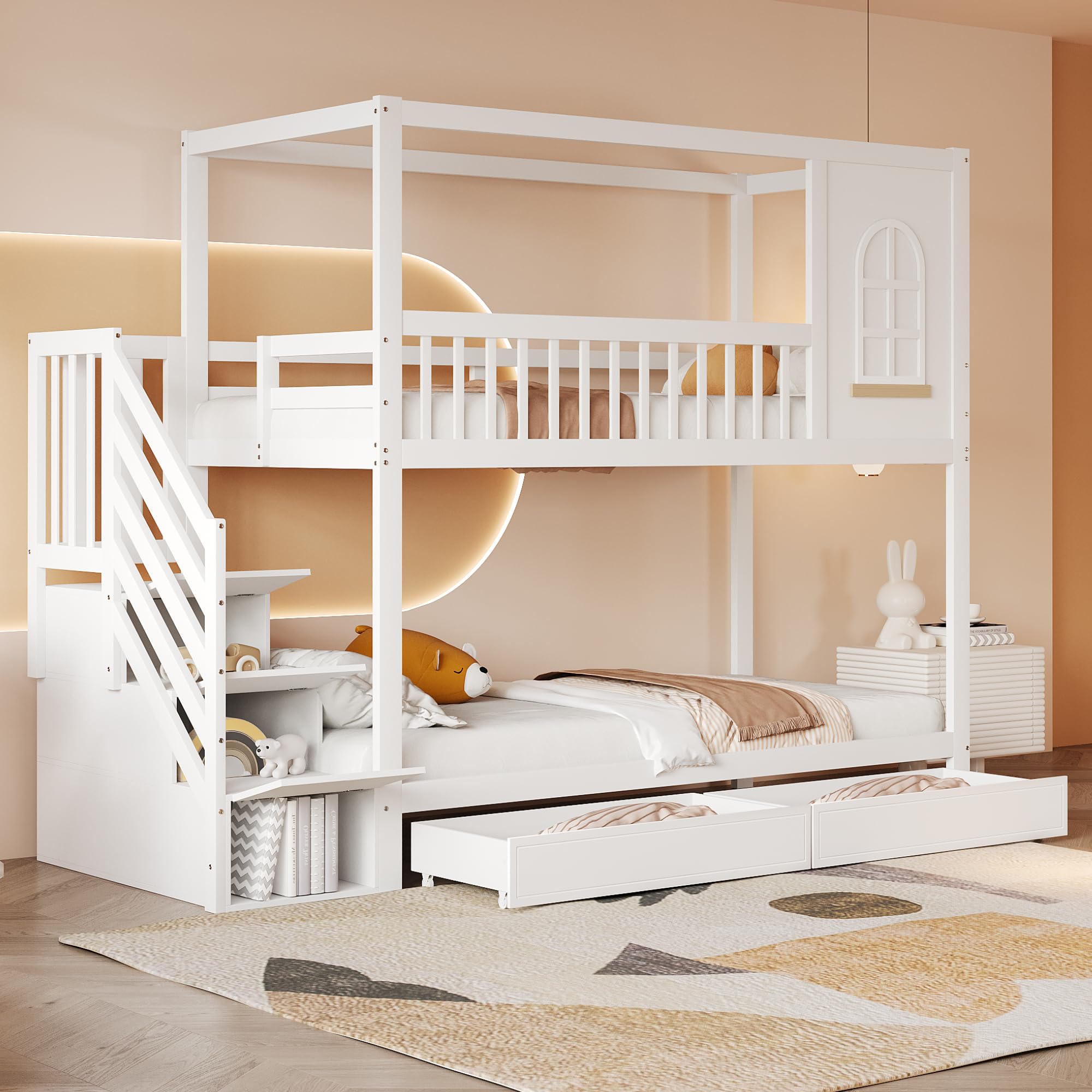 Moimhear Etagenbett Kinderbett, Massivholz Doppelbett, Hausform mit Fenstern, Sicherheitszaun-Design, Mit Aufbewahrungsschubladen und Sicherheitsleiter (Weiß, 90x200cm)