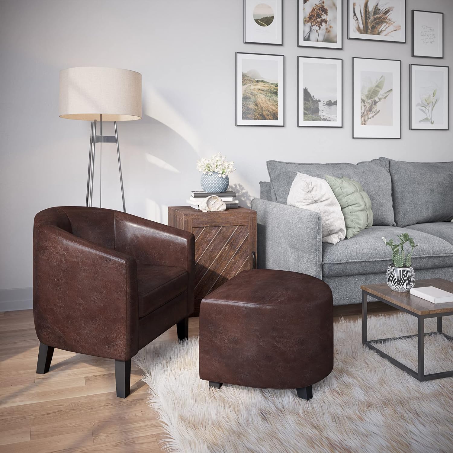 BELLEZE Modern Accent Club Chair with Ottoman and Stylish Round Arms, Upholstered Faux Leather, Curved Back, Comfortable Deep Barrel Design - Lydia (Brown) : Home & Kitchen