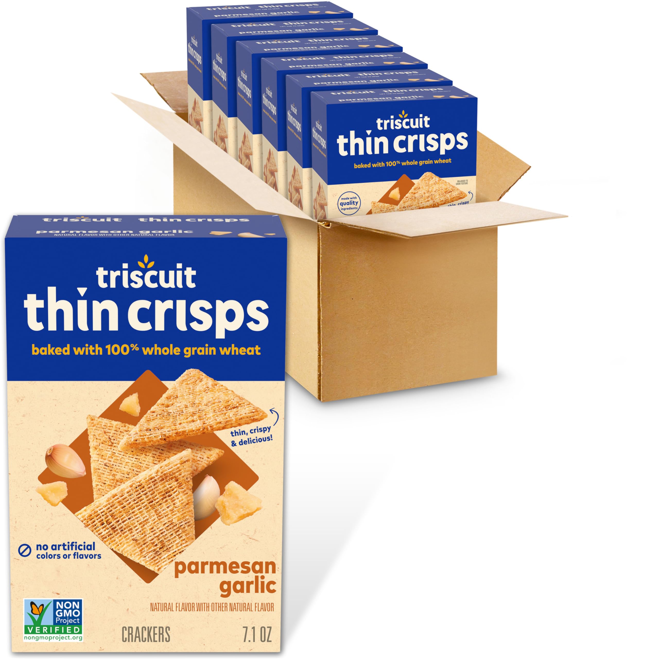 TriscuitThin Crisps Parmesan Garlic Whole Grain Wheat Crackers, Lunch Snacks, Bulk Snack Crackers, 6 - 7.1 oz Boxes