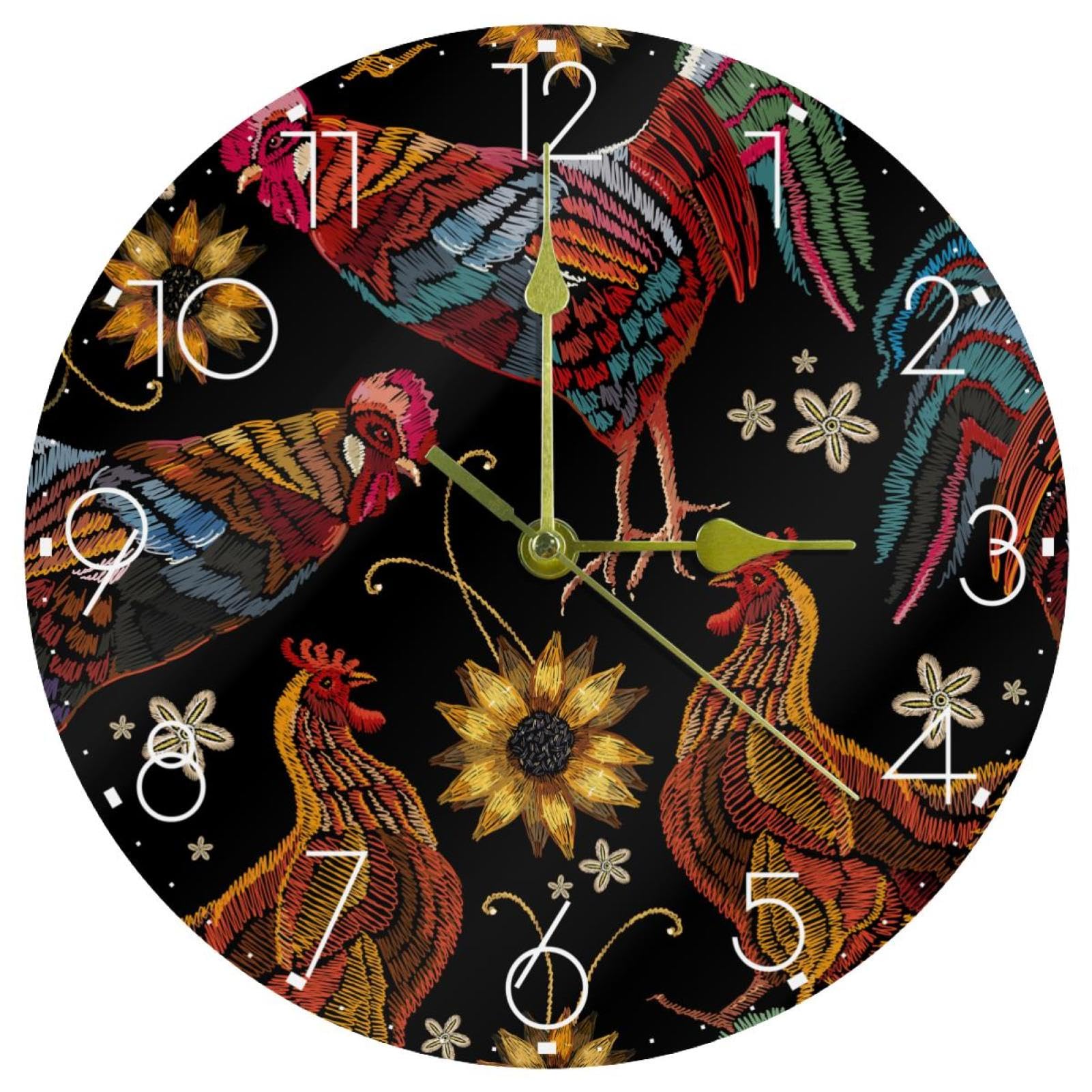 Horloge murale ronde coq acrylique 25 cm silencieuse sans tic-tac