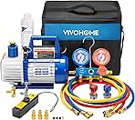 VIVOHOME 110V 1/3 HP 4CFM Single Stage Rotary Vane Air Vacuum Pump and R134a AC Manifold Gauge Set Kit with Leak Detector Carry Bag for HVAC Air Conditioning Refrigeration Recharging ETL Listed