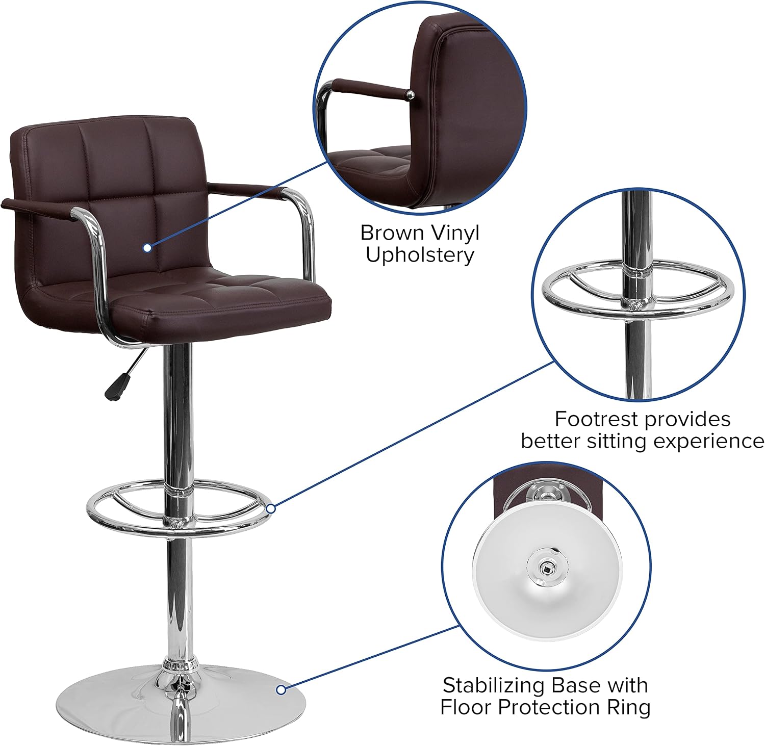 EMMA + OLIVER 2 Pack Brown Quilted Vinyl Adjustable Height Barstool with Arms and Chrome Base