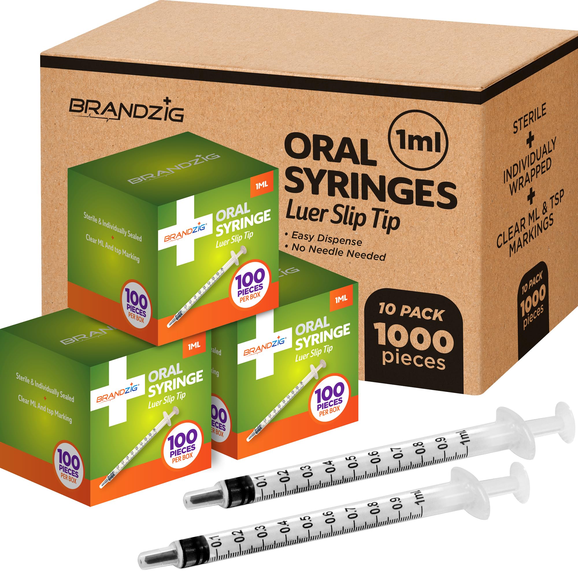 1000 PCS - 1ml Oral Syringe - Luer Slip Tip, No Needle, Sterile Individually Blister Packed - Medicine Administration for Infants, Toddlers and Small Pets- Bulk Case - 10 boxes of 100 PCS (1,000 pcs)