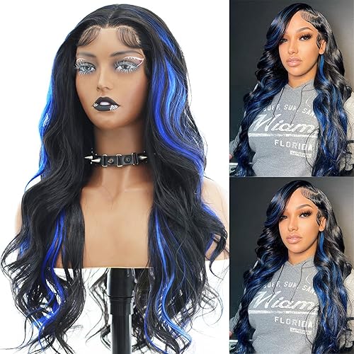 ANDRIA Blue Wig Highlight Lace Front Loose Wave Wigs with Baby Hair Black mix Blue Glueless Lace Wigs, 24 Inches