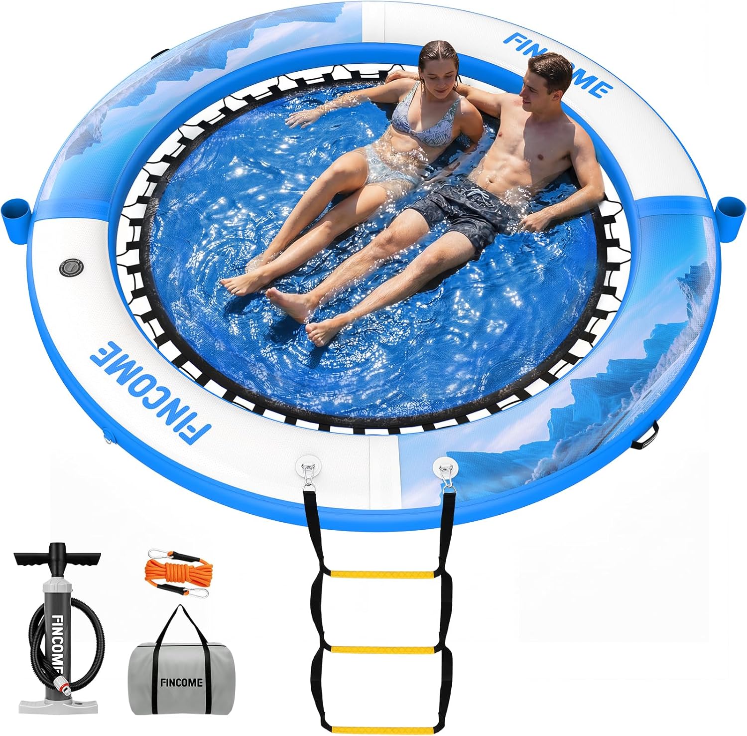 Inflatable Water Hammock Floating Dock, 10/8/6FT Round Floating Ring with Water Ladder and Cup Holder, Inflatable Dock Floating Platform Island Raft Tanning Pool Float for Lake Beach