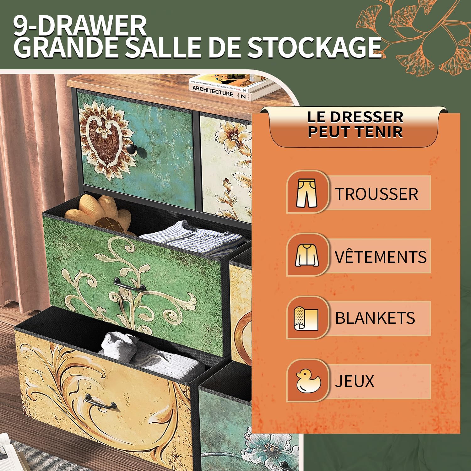 Commode à 7 Tiroirs en Tissu,Commode Chambre Adulte Armoire Tiroirs avec Plateau Bois et Cadre Métal,Meuble de Rangement pour Chambre d’Enfant, Salon et Couloir