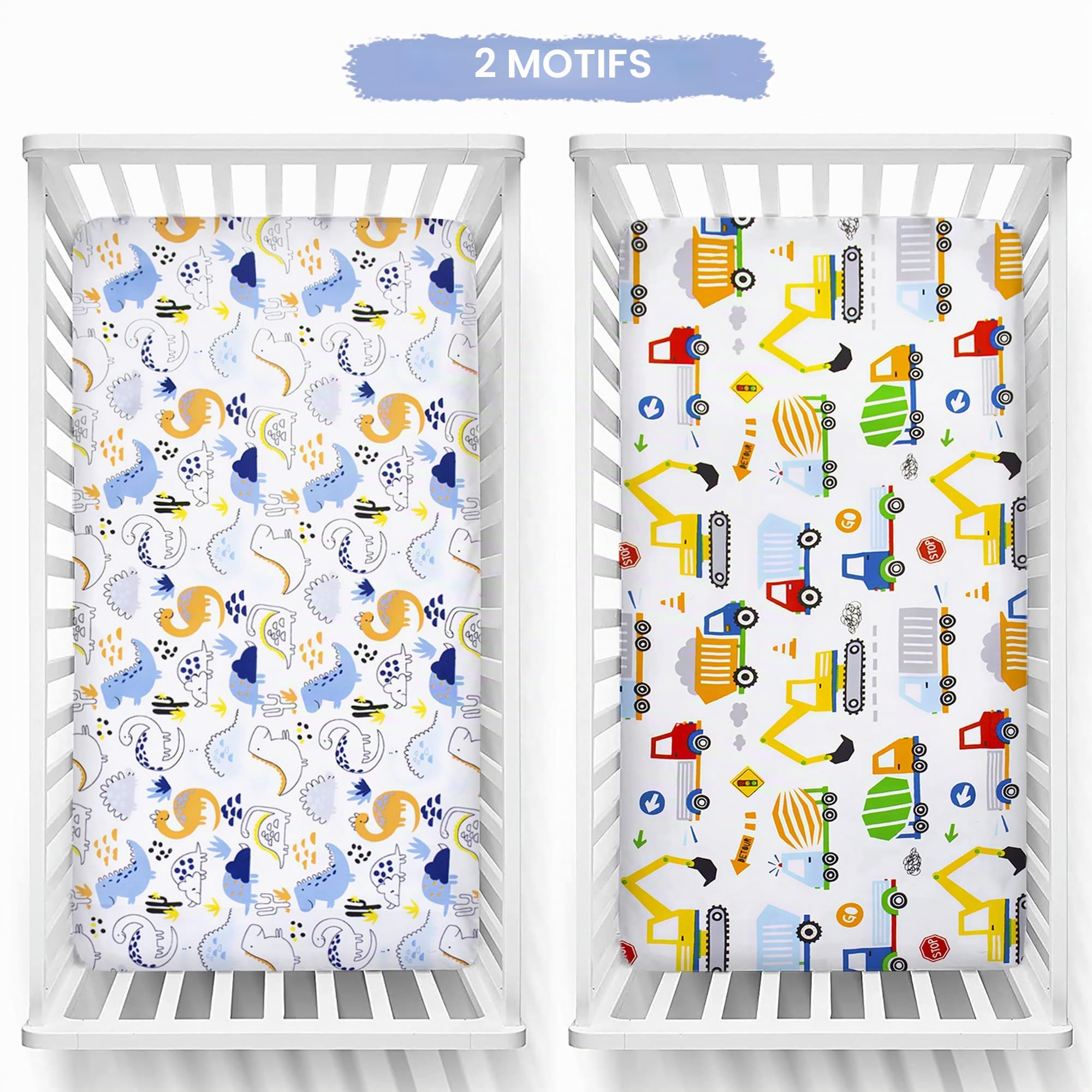 Baby Amabc Lot de 2 draps-housses pour lit de bébé 140 x 70 cm | Literie pour lit de bébé | Facile d'entretien en coton doux et durable, motif voiture et dinosaure uniques